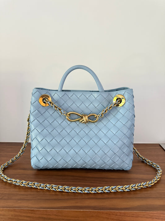 Bottega Veneta Andiamo Light Blue Woven Shoulder Bag in Small