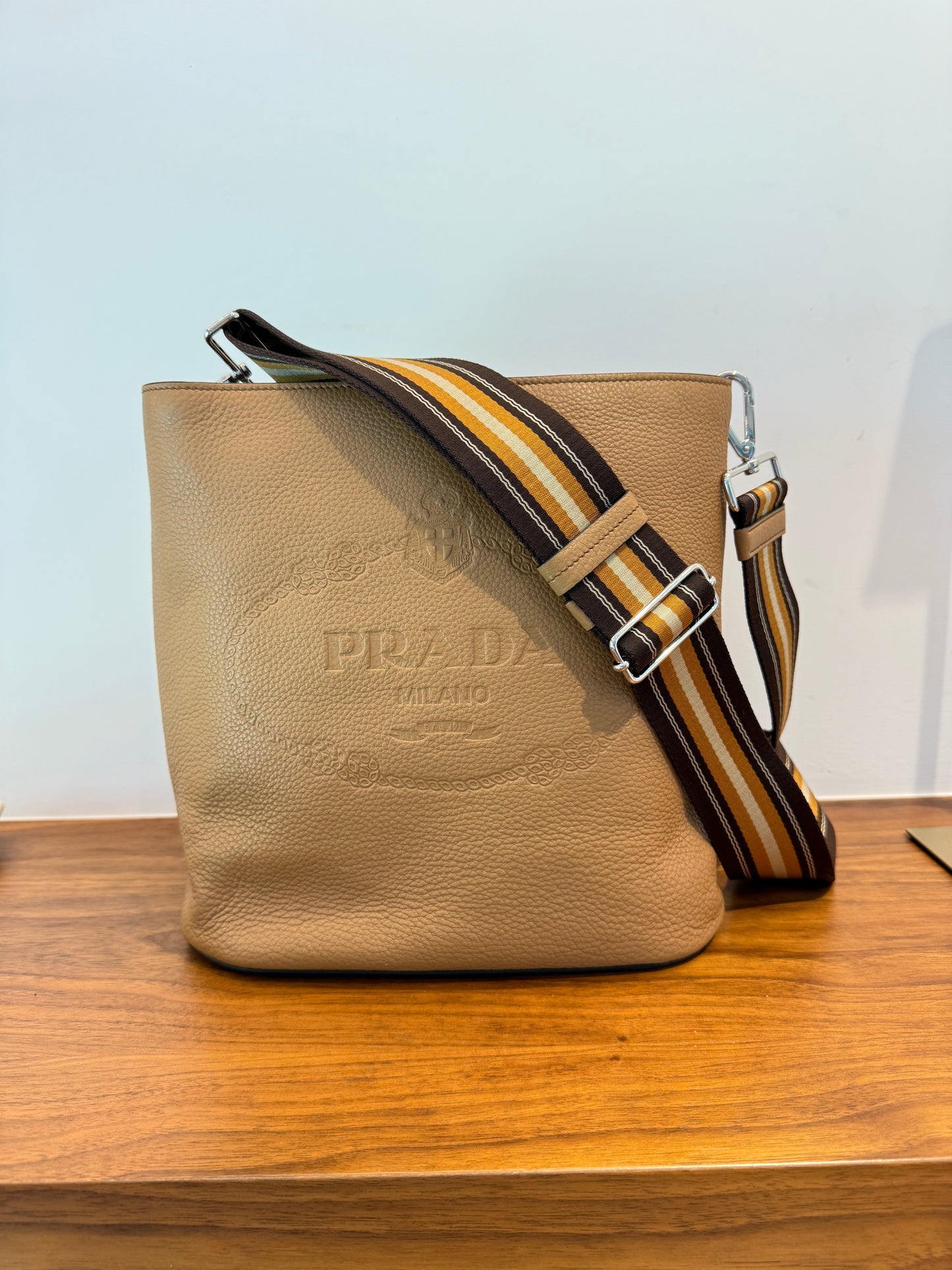 Prada Vitello Phenix Cammeo Leather Stripe Strap Bucket Bag Pre-Owned