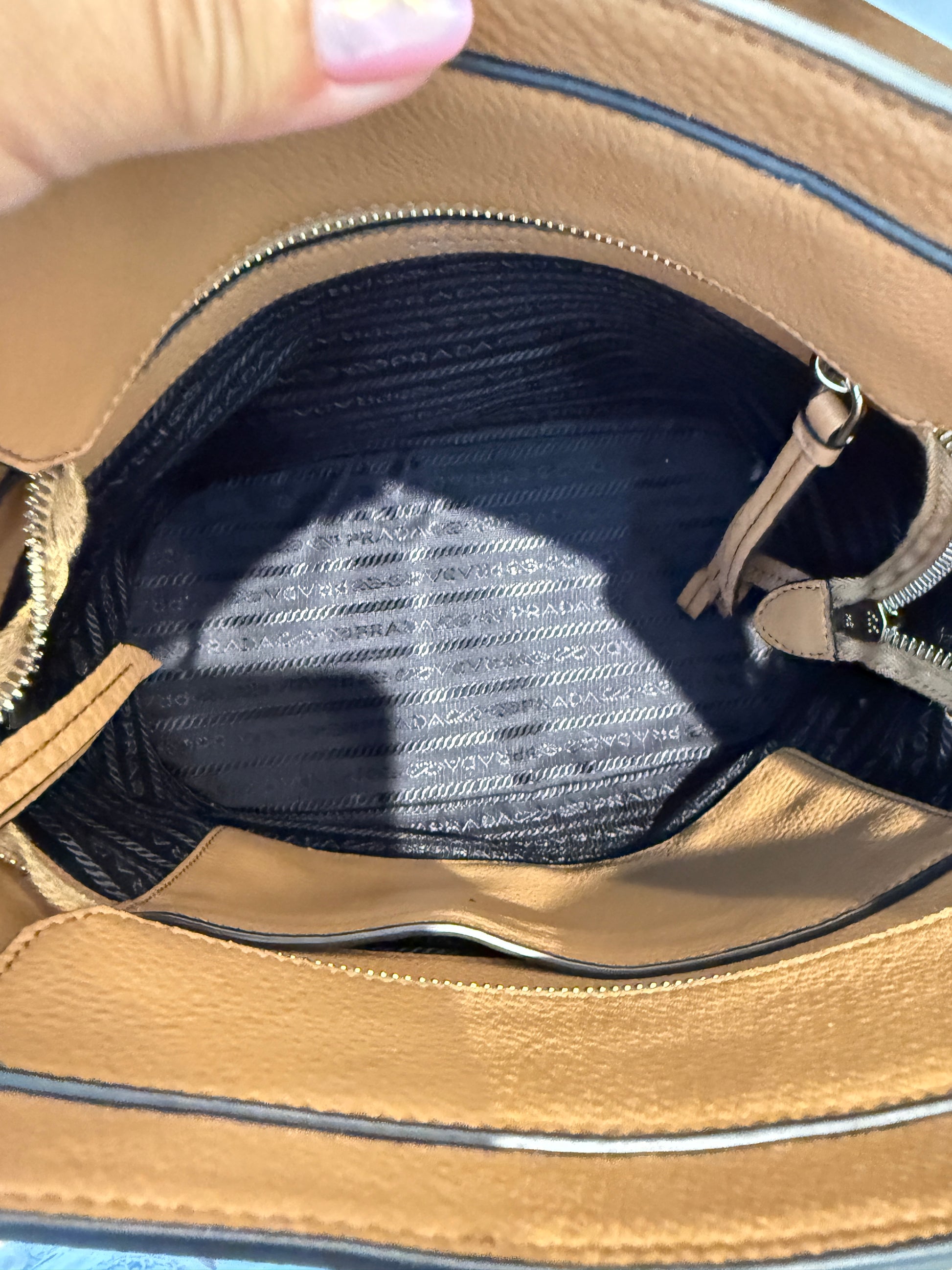 Interior view of photo vitello crossbody bucket bag super clean