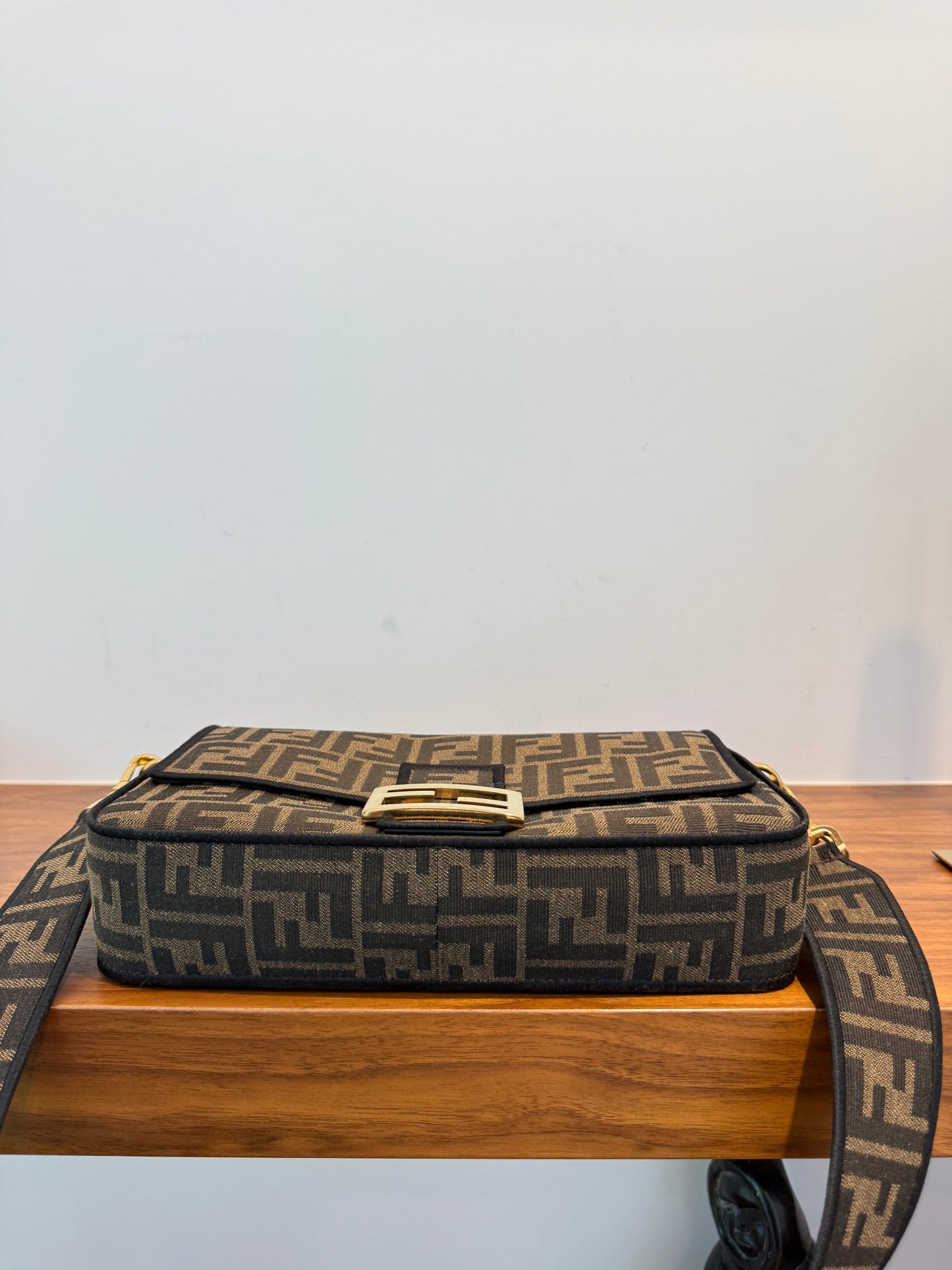 Fendi Fabric Jacquard FF 1974 Medium Baguette Tobacco Moro Black Pre-Owned