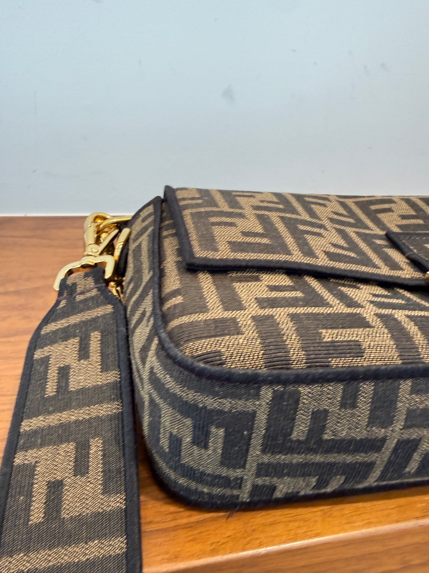 Fendi Fabric Jacquard FF 1974 Medium Baguette Tobacco Moro Black Pre-Owned