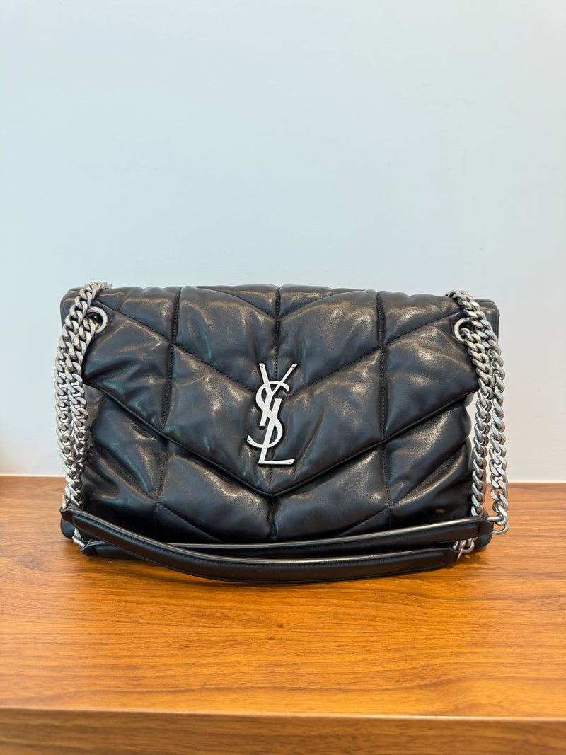 YSL Lambskin Quilted Monogram Medium Loulou Puffer Chain Satchel Black Pre-Owned
