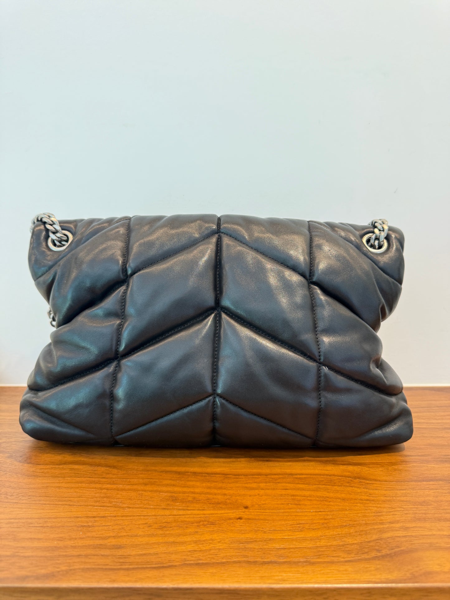 YSL Lambskin Quilted Monogram Medium Loulou Puffer Chain Satchel Black Pre-Owned
