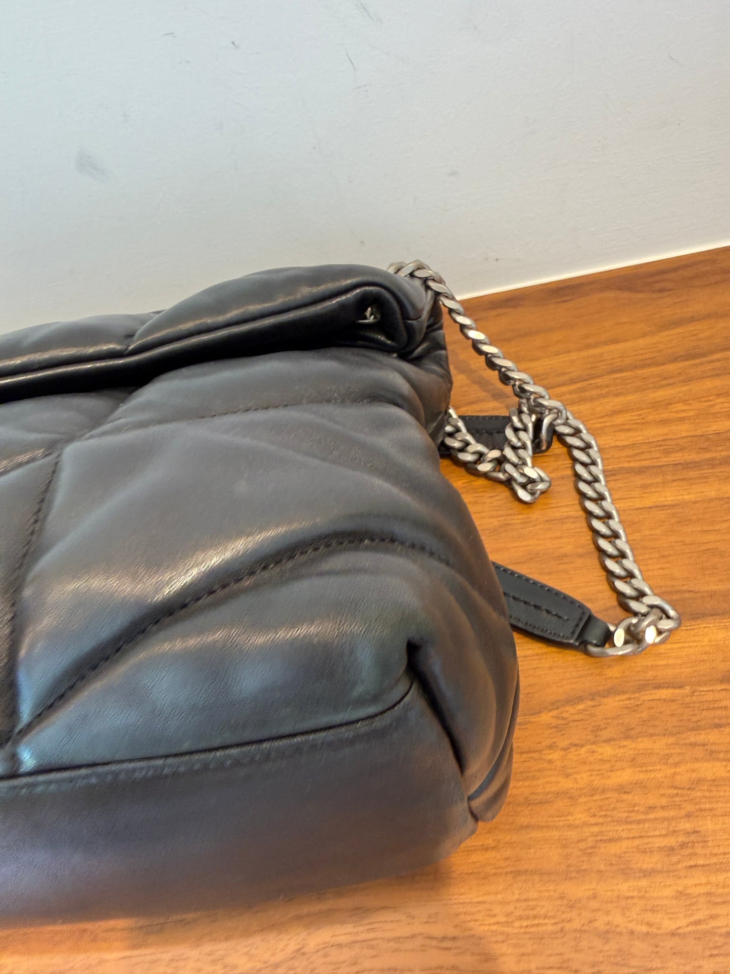 YSL Lambskin Quilted Monogram Medium Loulou Puffer Chain Satchel Black Pre-Owned