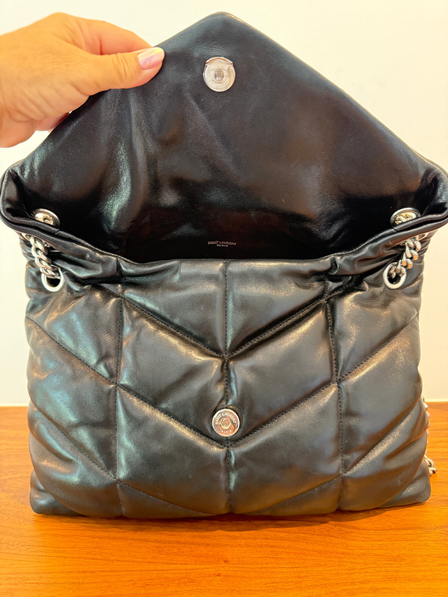 YSL Lambskin Quilted Monogram Medium Loulou Puffer Chain Satchel Black Pre-Owned