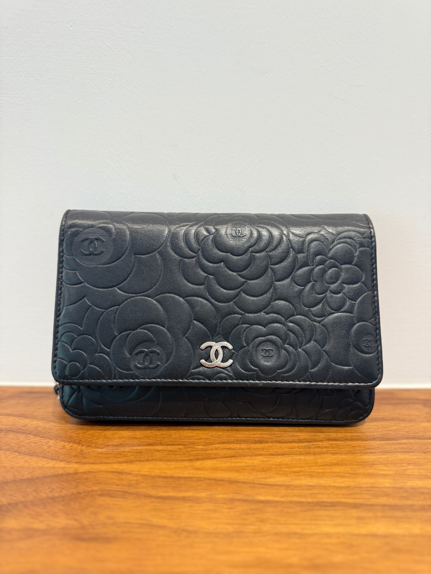 Chanel Camellia Wallet on Chain WOC in Black Lambskin