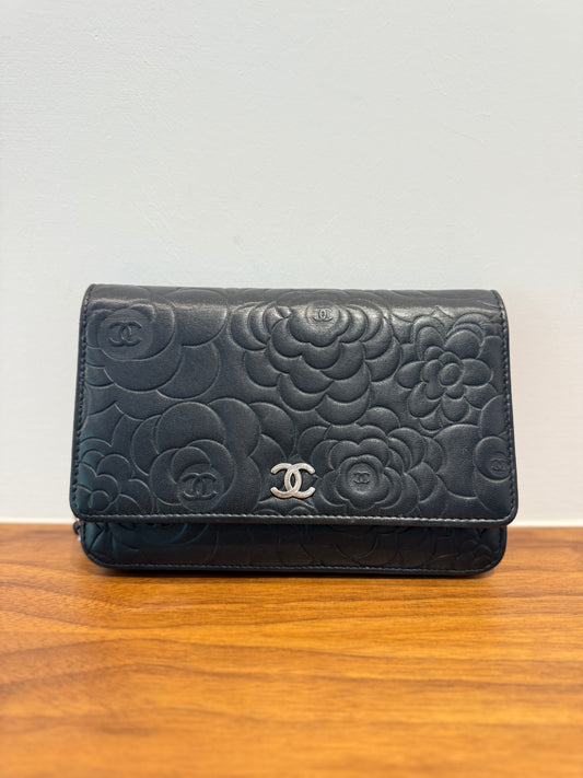 Chanel Camellia Wallet on Chain WOC in Black Lambskin