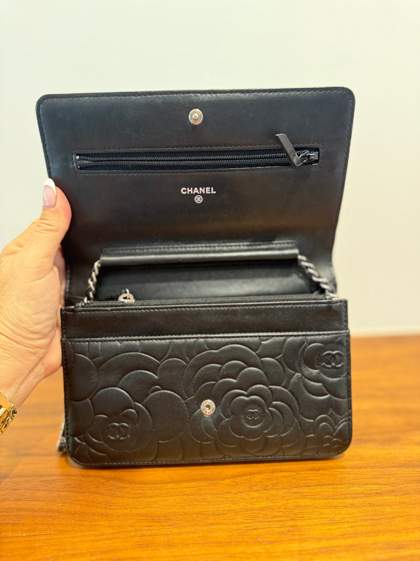Chanel Camellia Wallet on Chain WOC in Black Lambskin