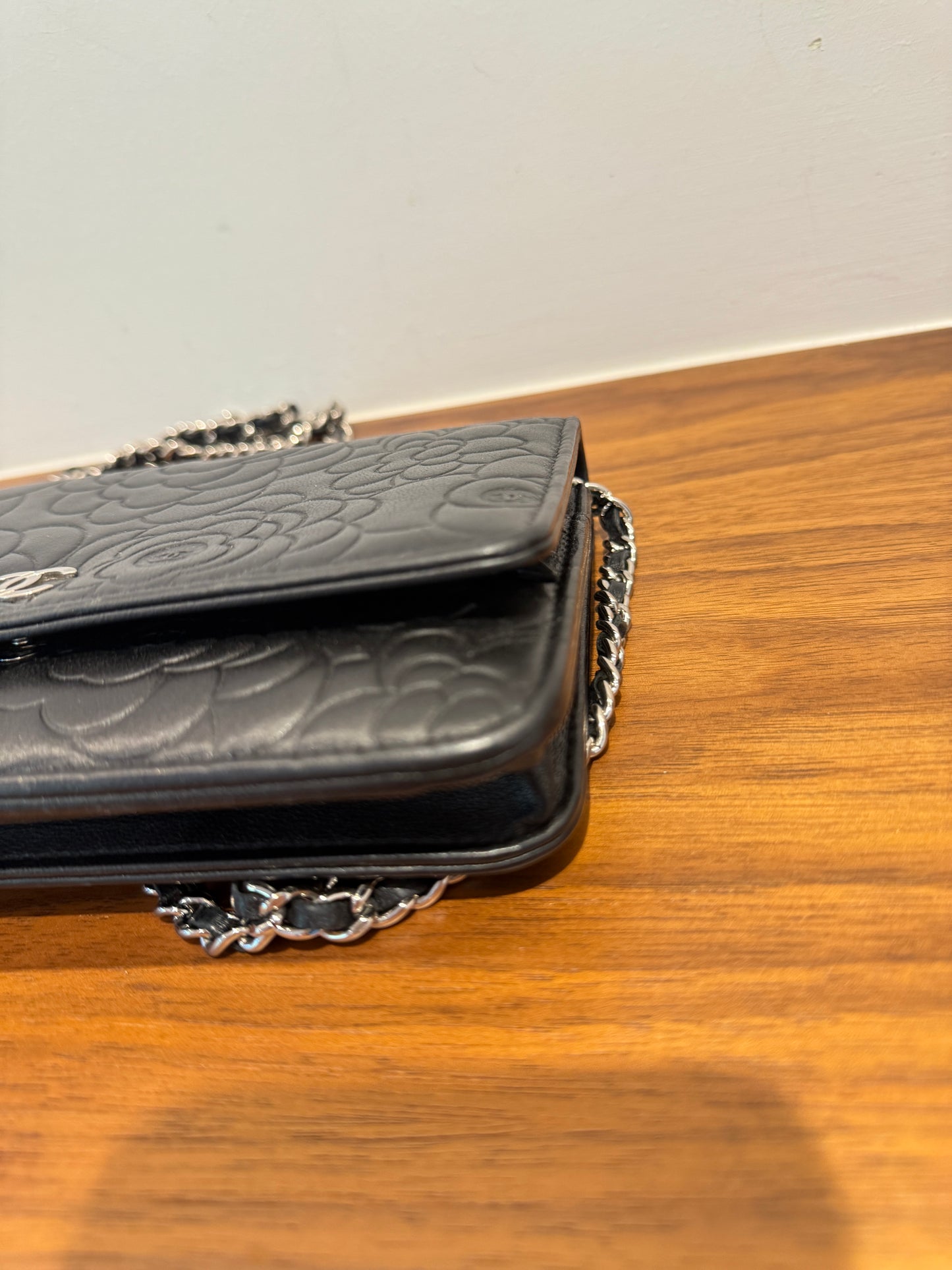 Chanel Camellia Wallet on Chain WOC in Black Lambskin