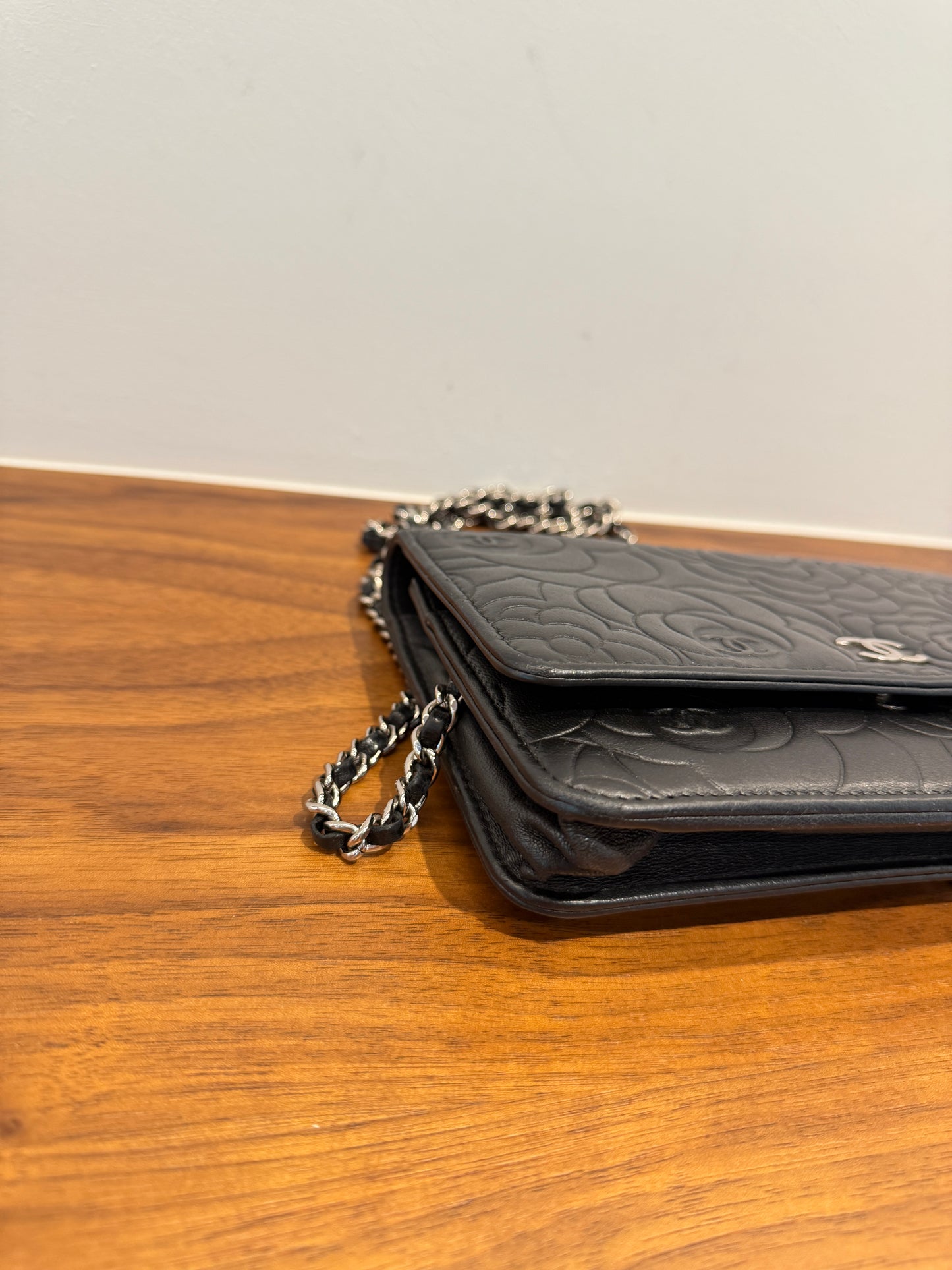 Chanel Camellia Wallet on Chain WOC in Black Lambskin