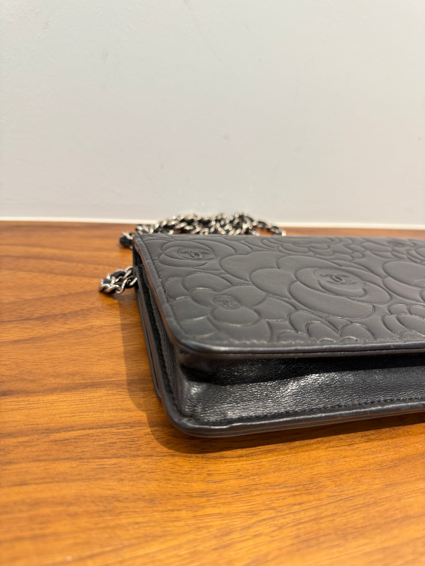 Chanel Camellia Wallet on Chain WOC in Black Lambskin