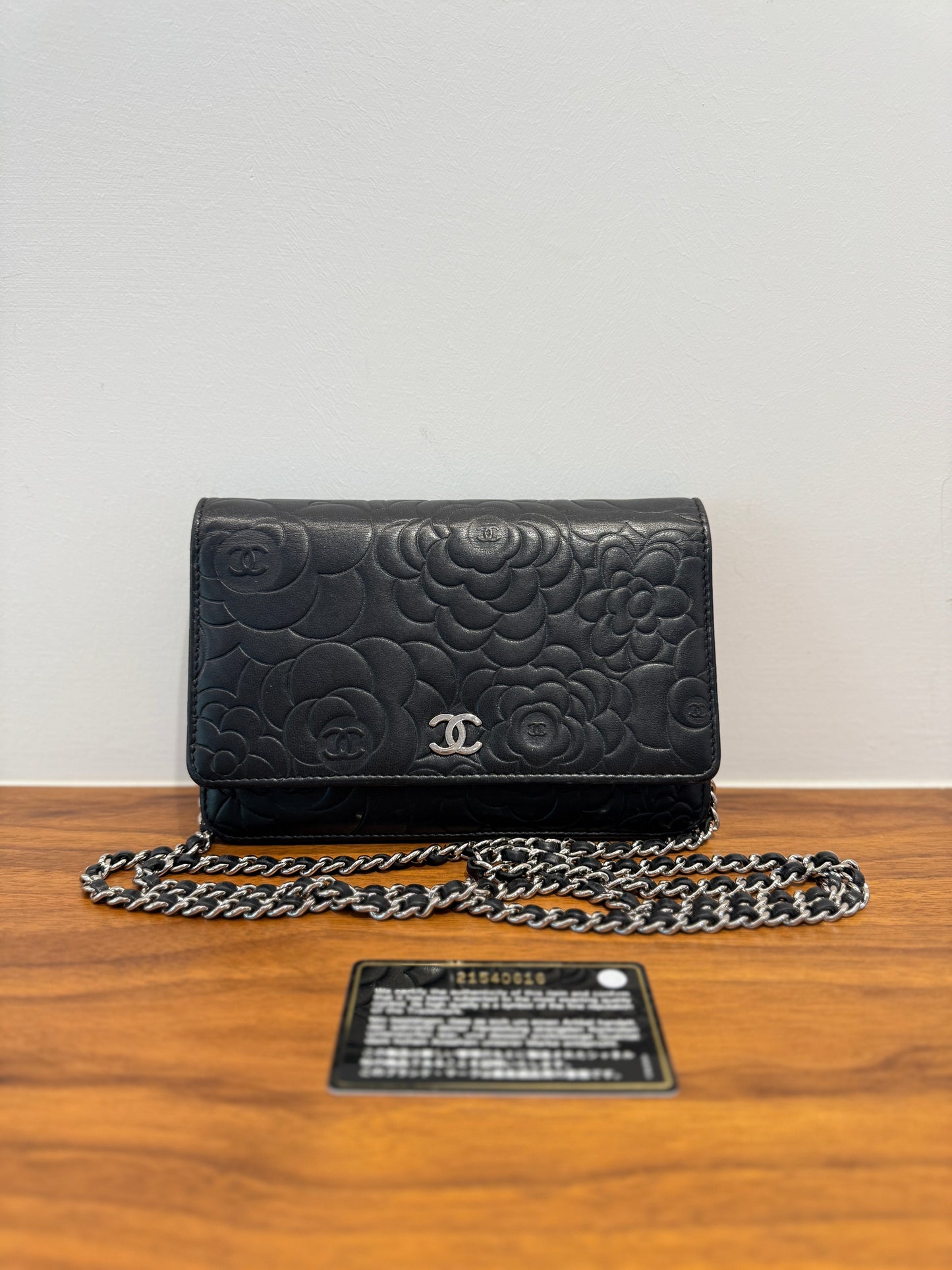 Chanel Camellia Wallet on Chain WOC in Black Lambskin