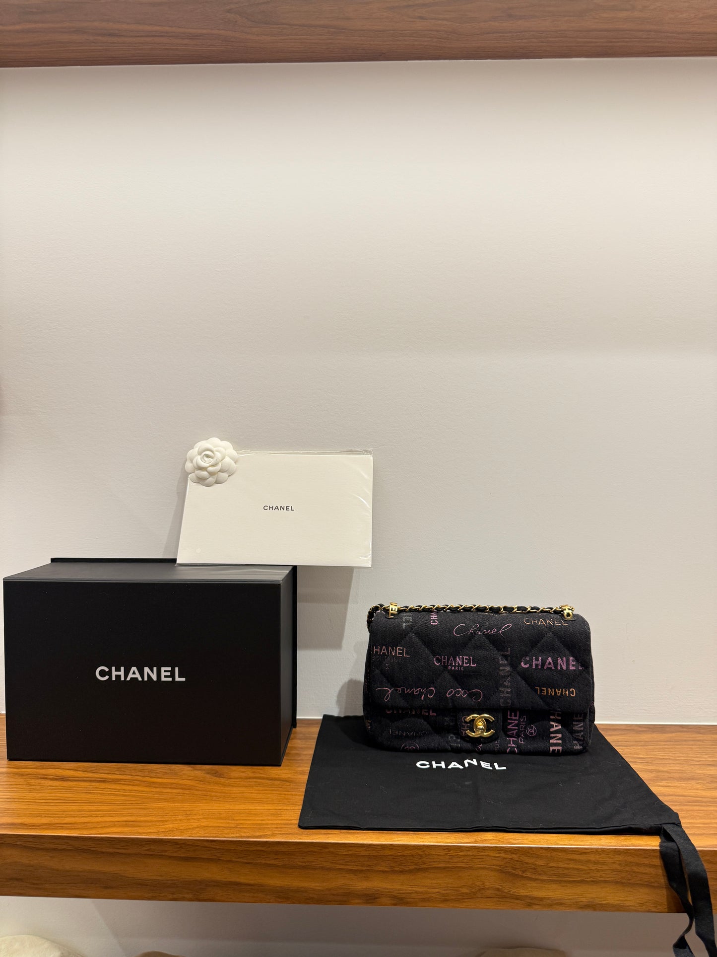 Chanel Dark Denim medium flap with gold hardware microchipped