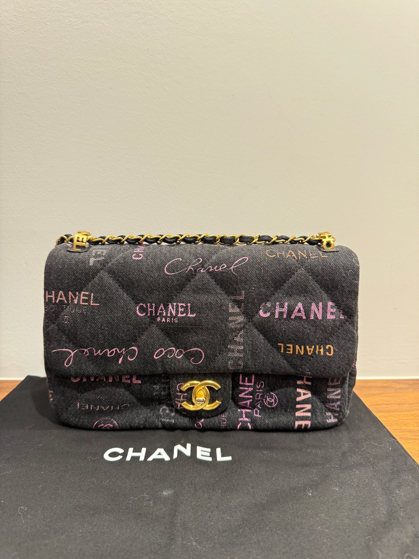 Chanel Dark Denim medium flap with gold hardware microchipped