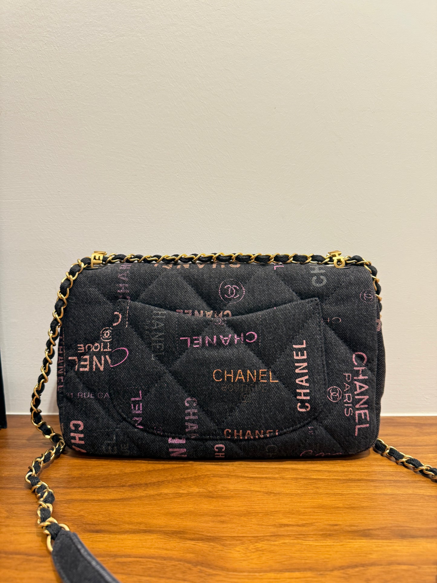 Chanel Dark Denim medium flap with gold hardware microchipped