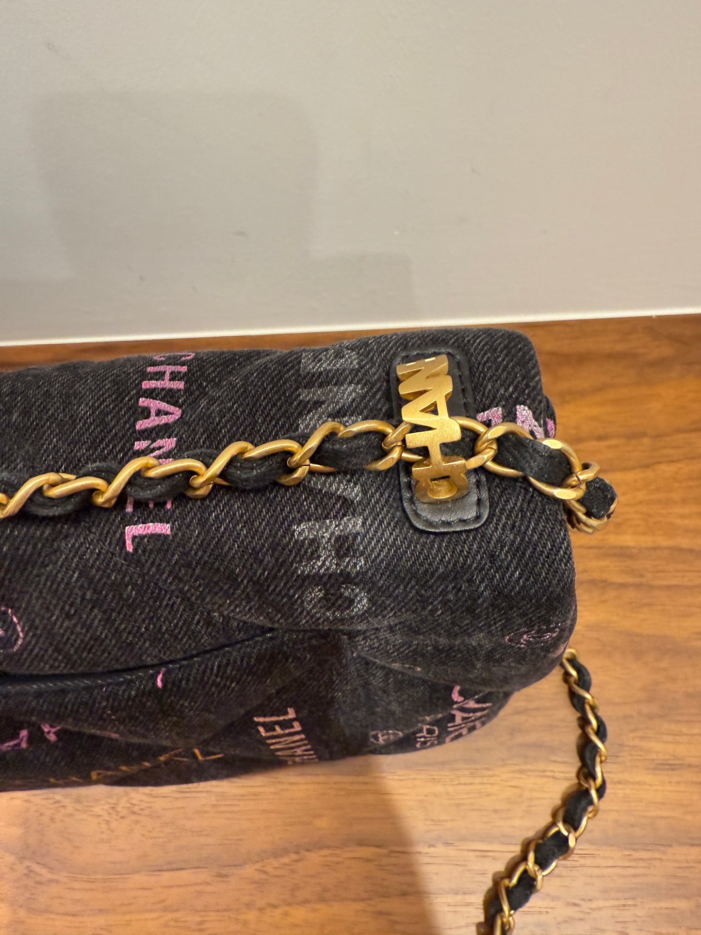 Chanel Dark Denim medium flap with gold hardware microchipped