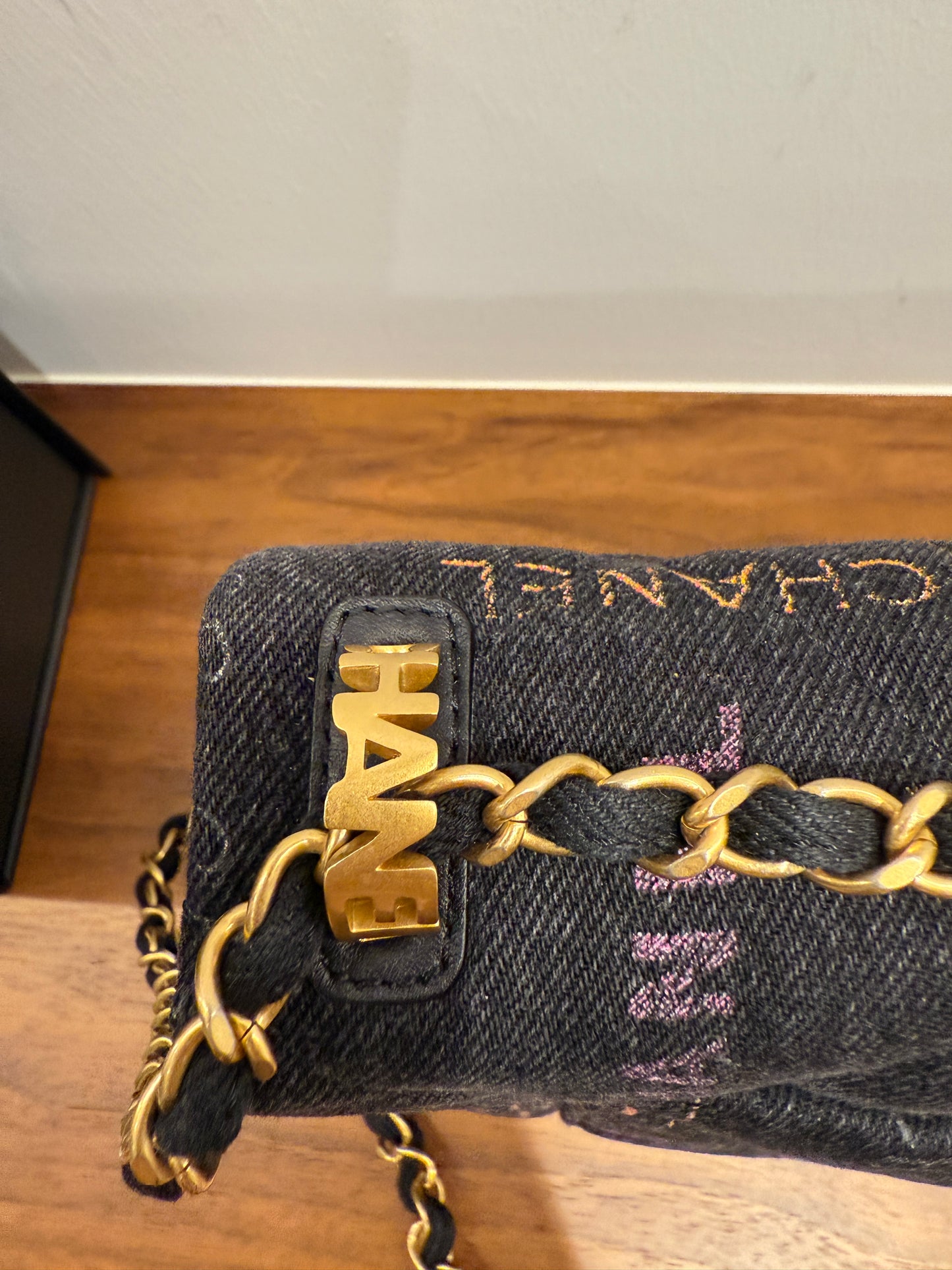 Chanel Dark Denim medium flap with gold hardware microchipped