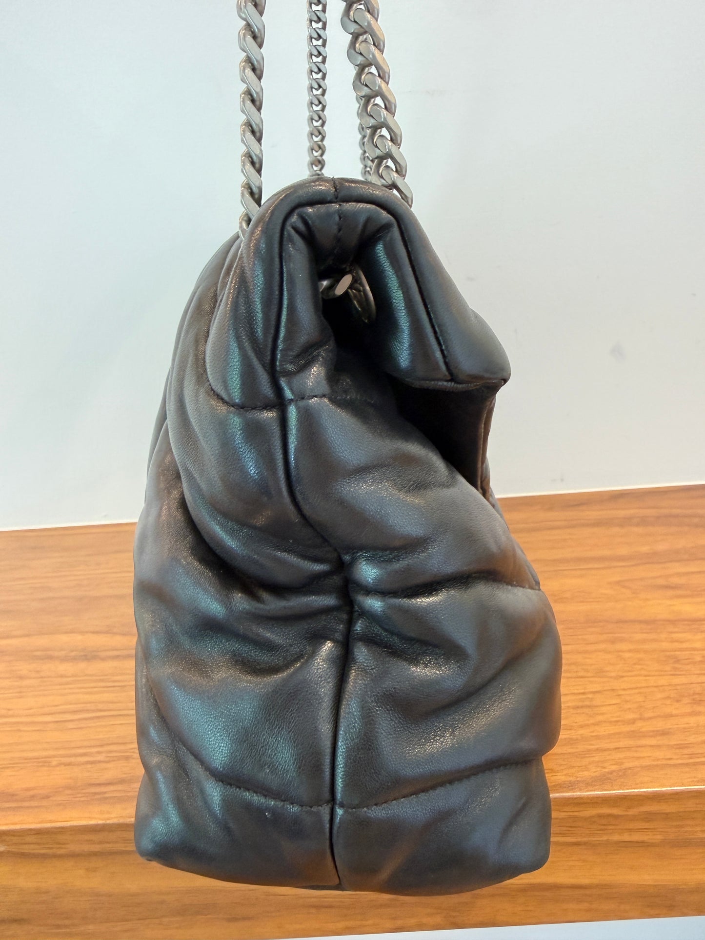 YSL Lambskin Quilted Monogram Medium Loulou Puffer Chain Satchel Black Pre-Owned