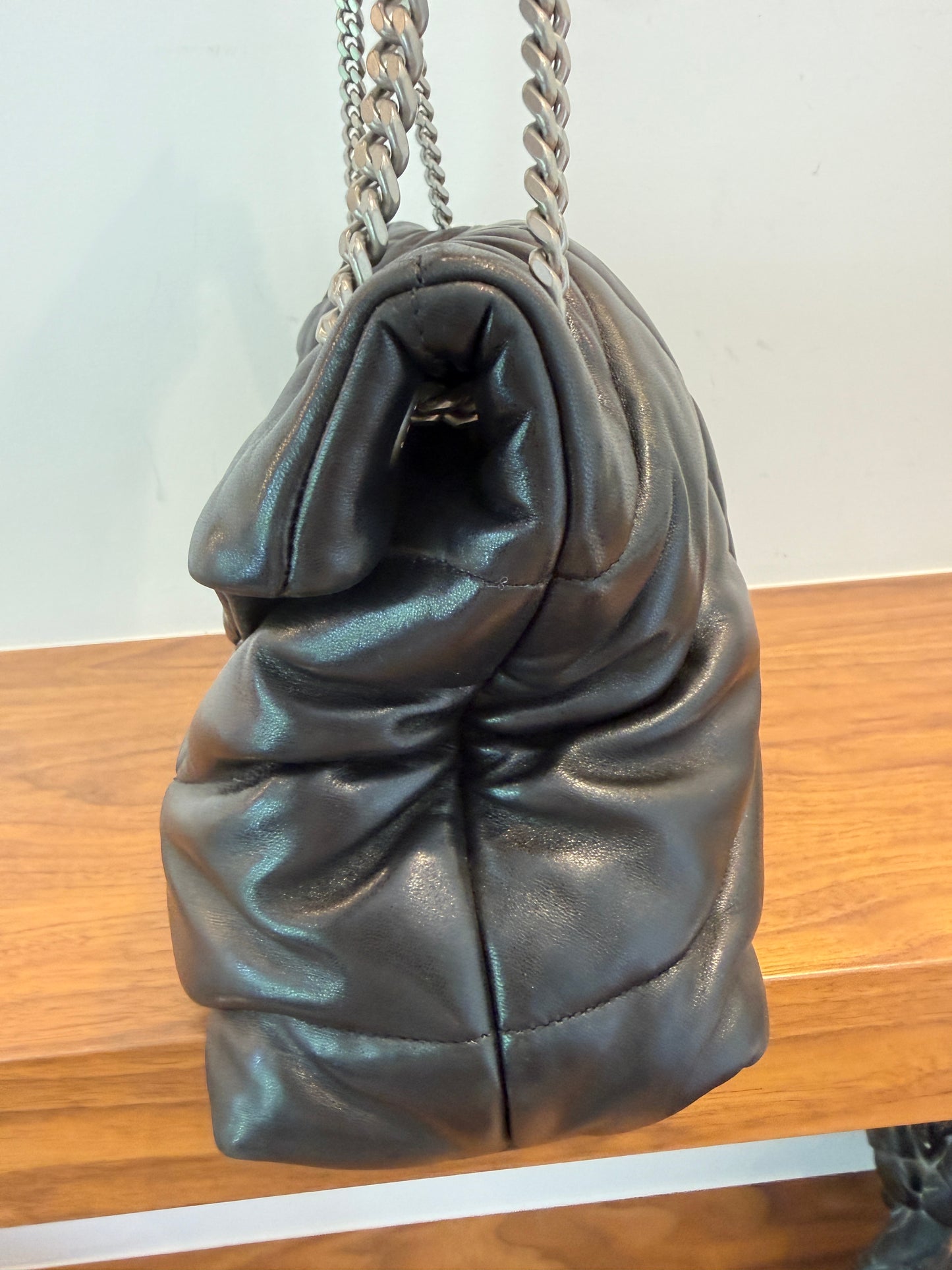YSL Lambskin Quilted Monogram Medium Loulou Puffer Chain Satchel Black Pre-Owned