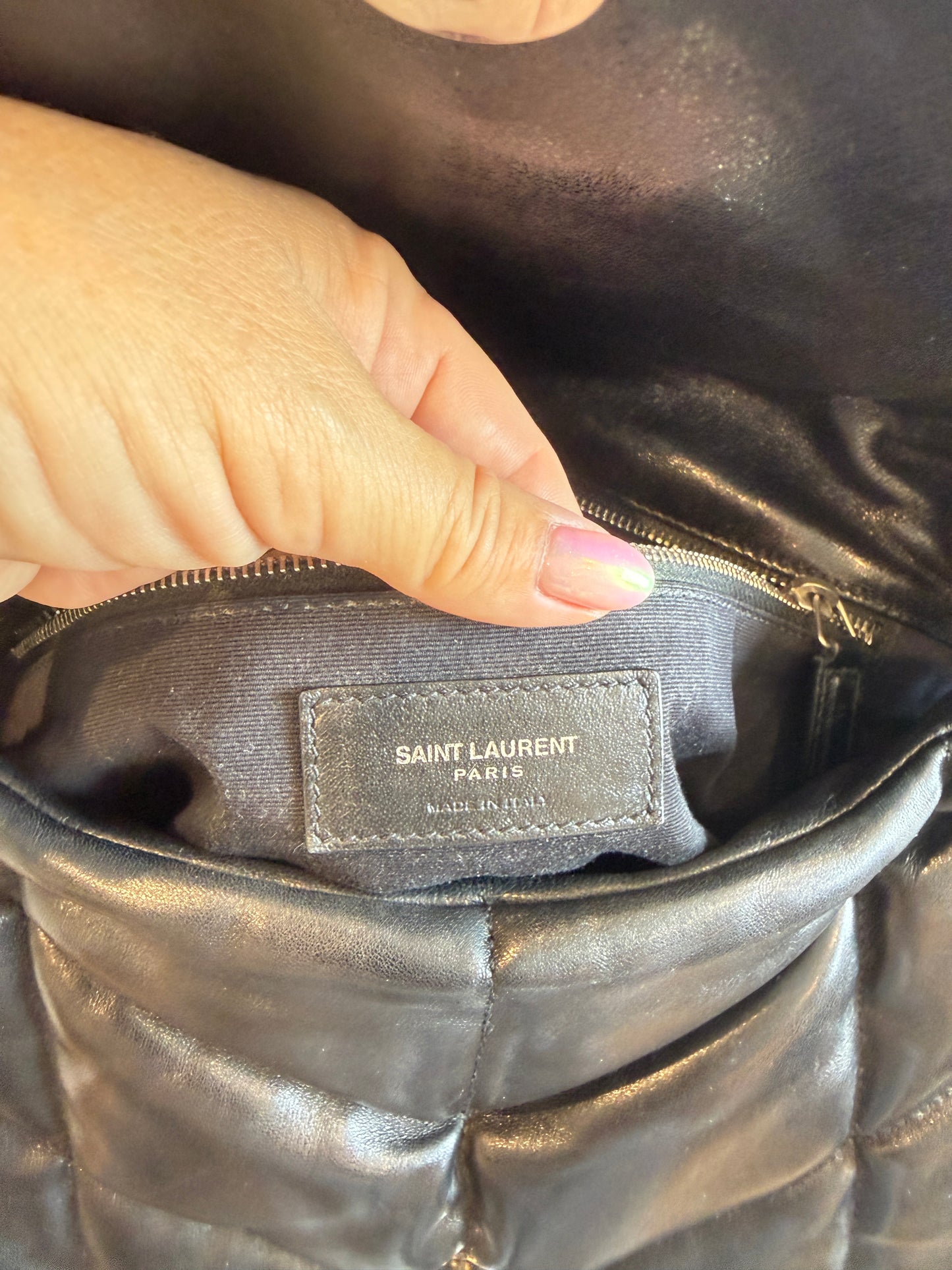 YSL Lambskin Quilted Monogram Medium Loulou Puffer Chain Satchel Black Pre-Owned