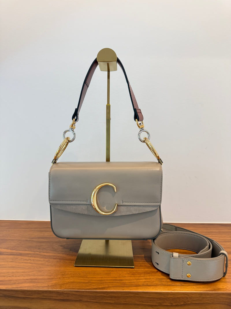 Chloe Small C Double Carry Handbag in Motty Grey in Like New Condition Pre-Owned