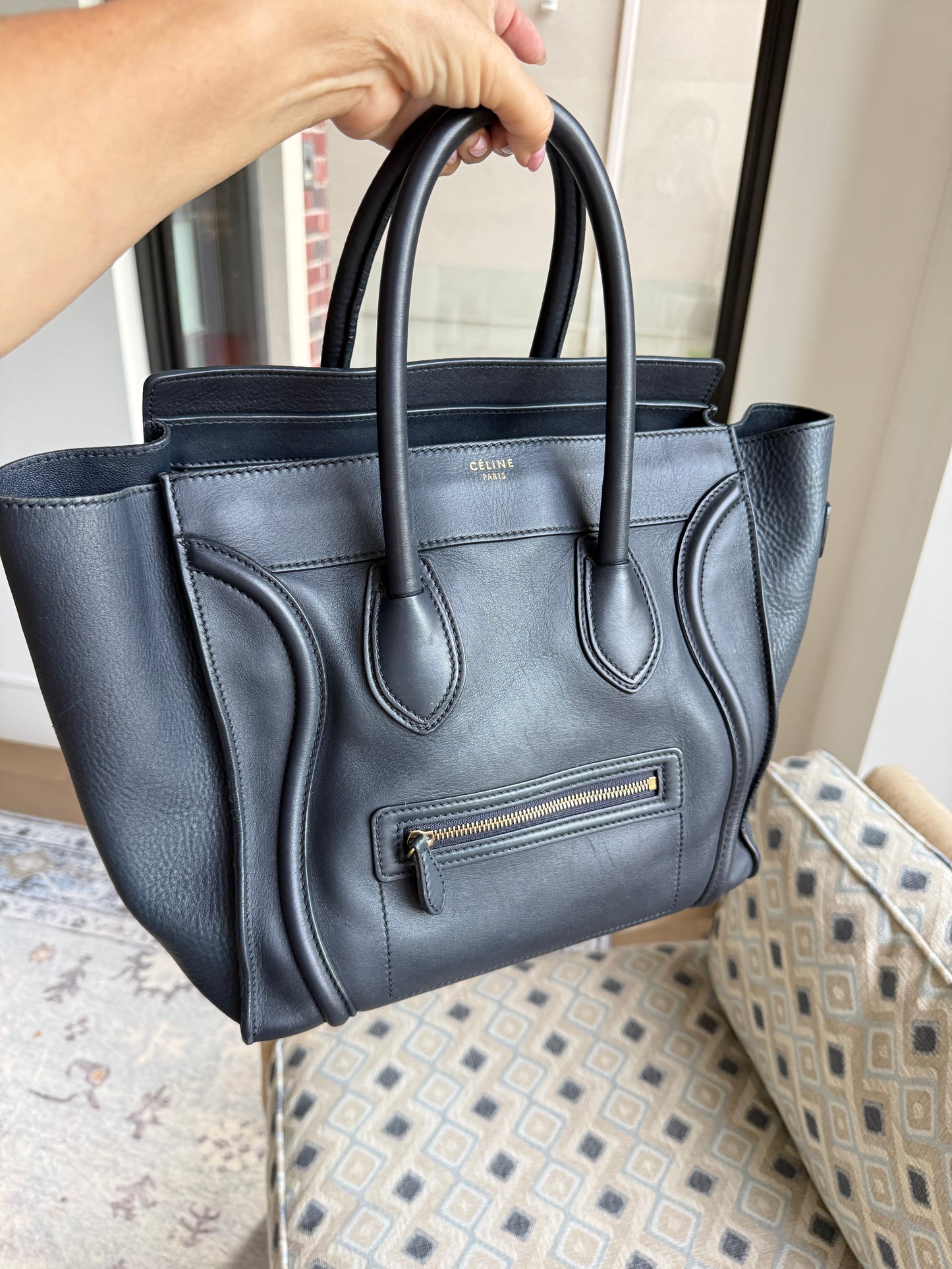 Celine Drummed Calfskin Mini Luggage Tote in Navy Blue Pre-Owned