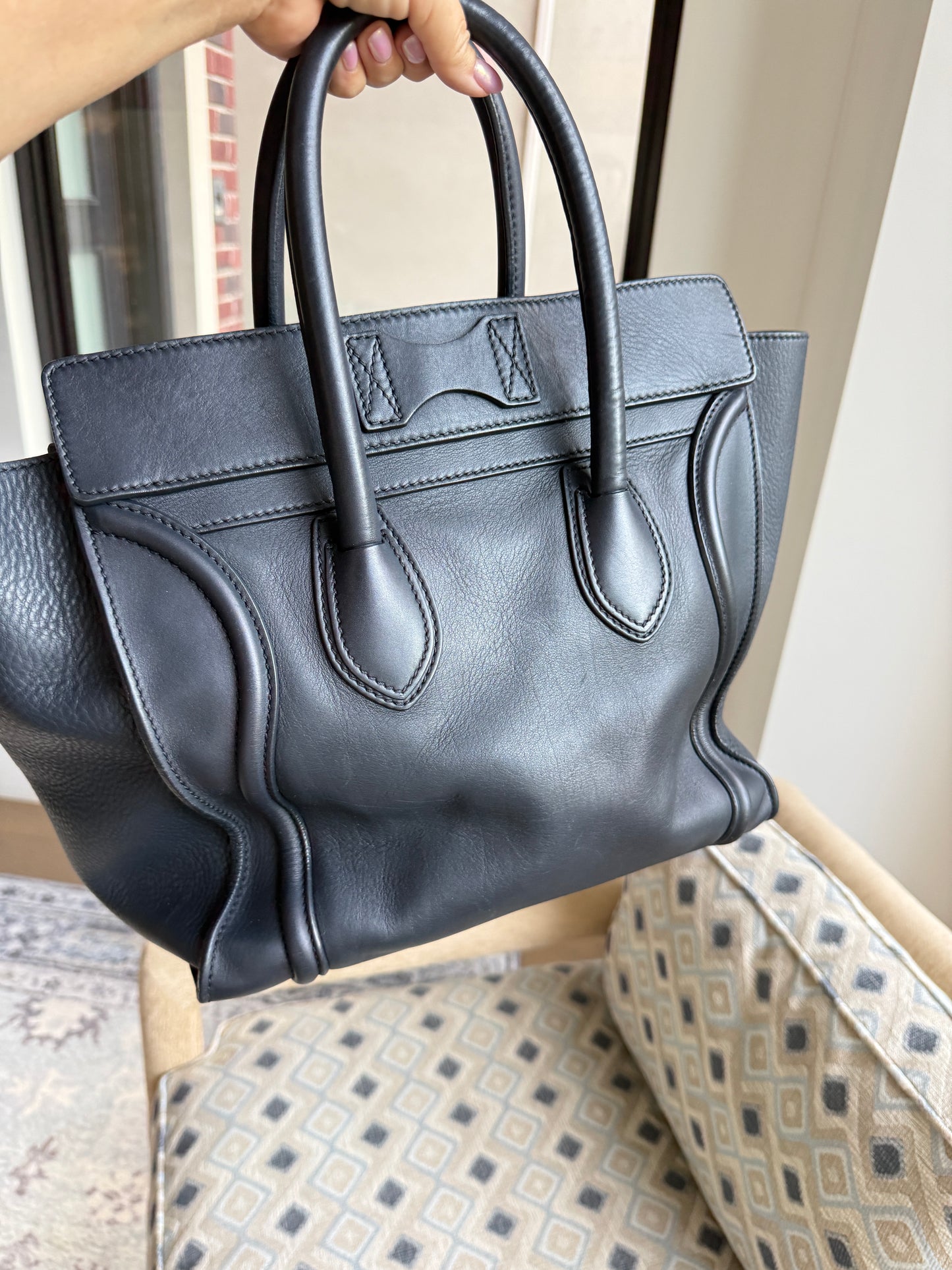Celine Drummed Calfskin Mini Luggage Tote in Navy Blue Pre-Owned