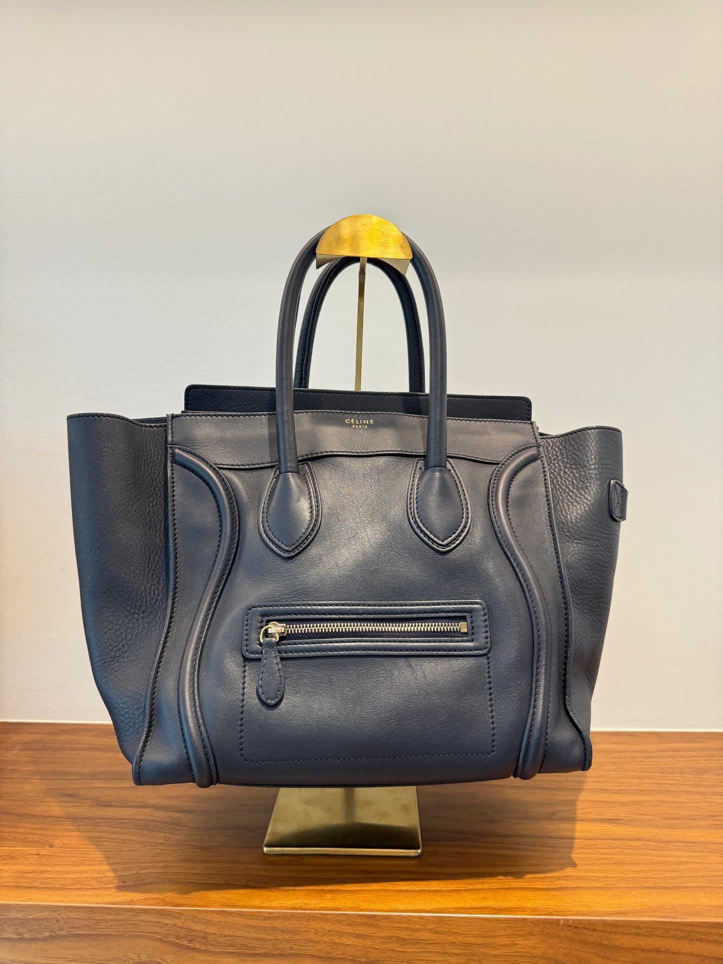 Celine Drummed Calfskin Mini Luggage Tote in Navy Blue Pre-Owned