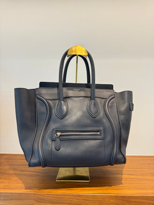 Celine Drummed Calfskin Mini Luggage Tote in Navy Blue Pre-Owned