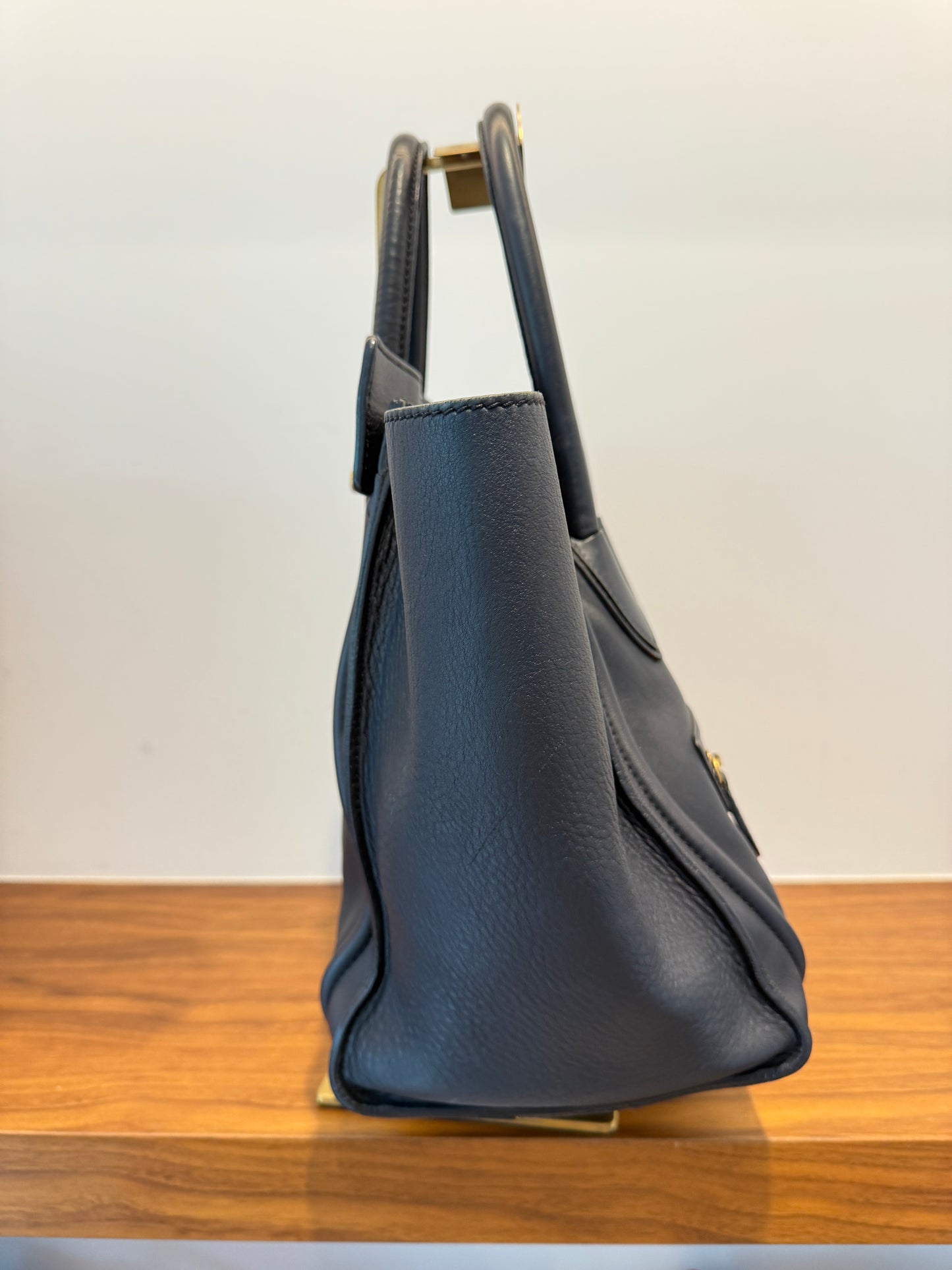 Celine Drummed Calfskin Mini Luggage Tote in Navy Blue Pre-Owned
