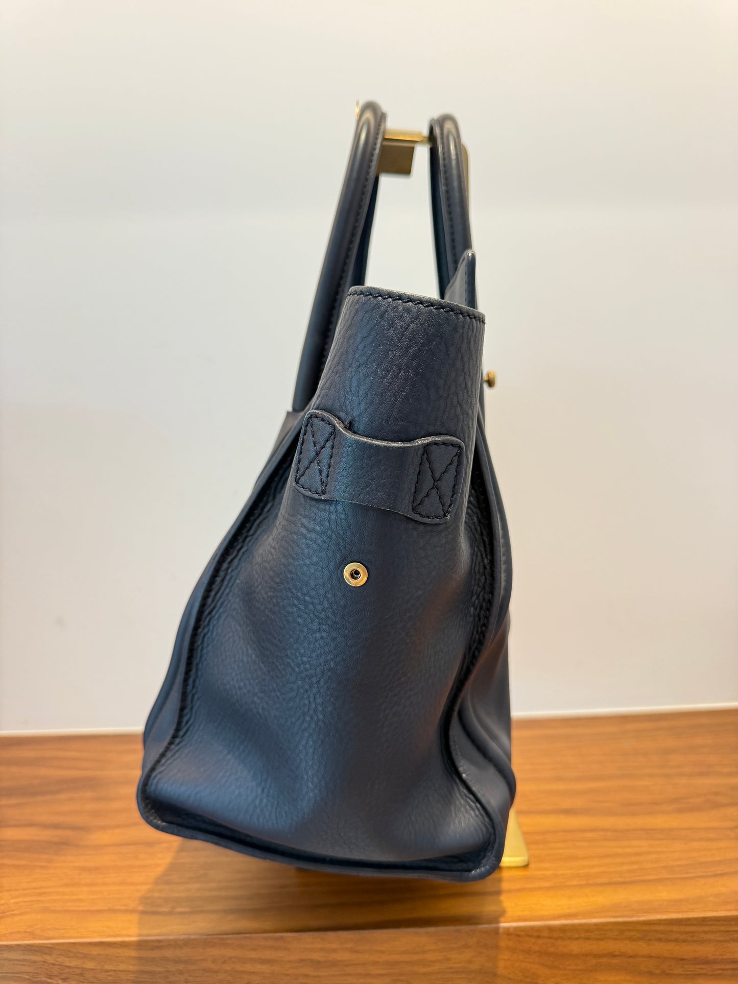 Celine Drummed Calfskin Mini Luggage Tote in Navy Blue Pre-Owned