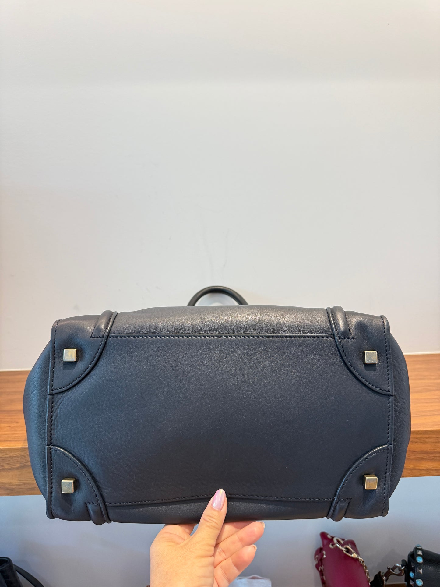 Celine Drummed Calfskin Mini Luggage Tote in Navy Blue Pre-Owned