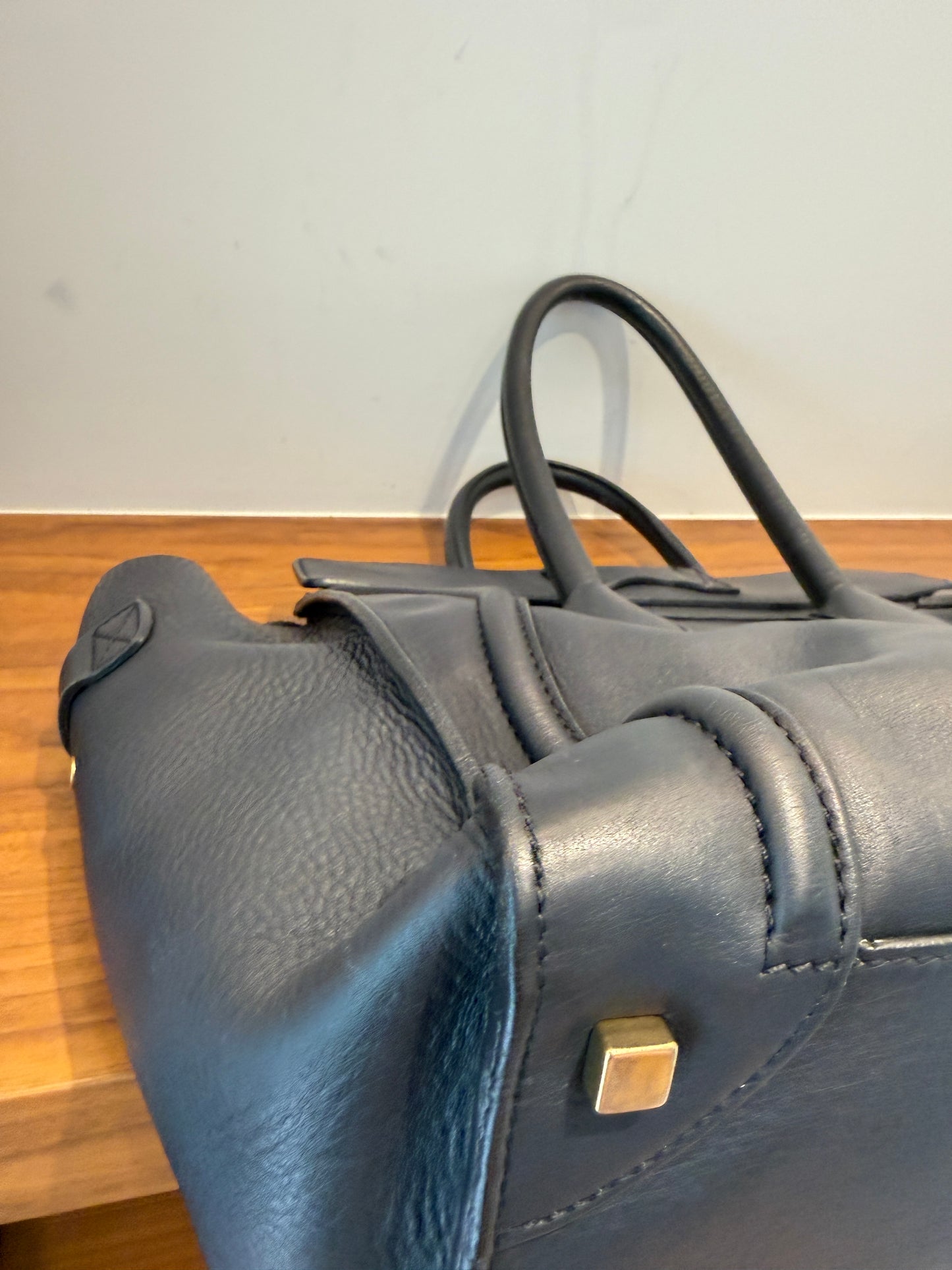Celine Drummed Calfskin Mini Luggage Tote in Navy Blue Pre-Owned