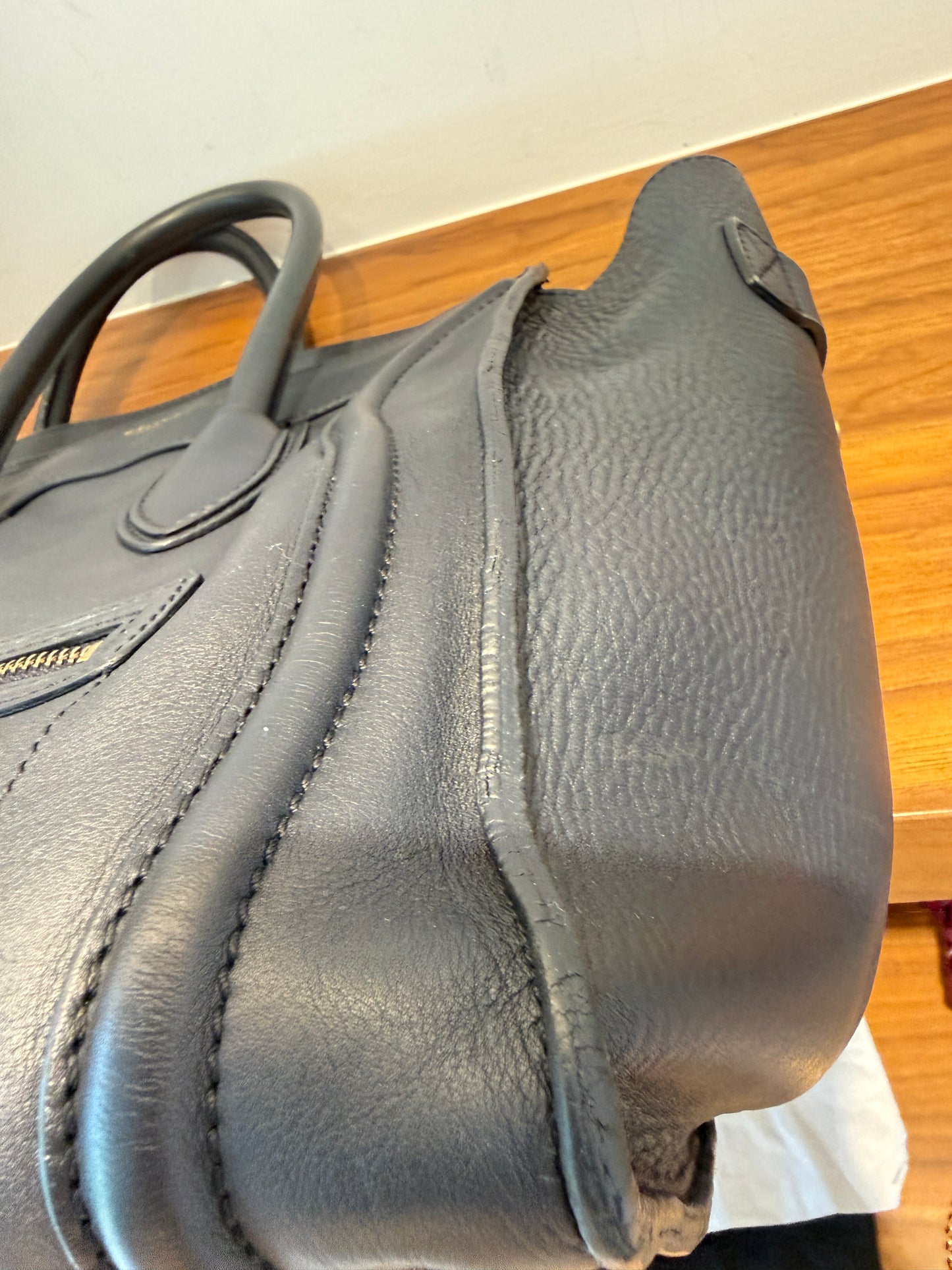 Celine Drummed Calfskin Mini Luggage Tote in Navy Blue Pre-Owned
