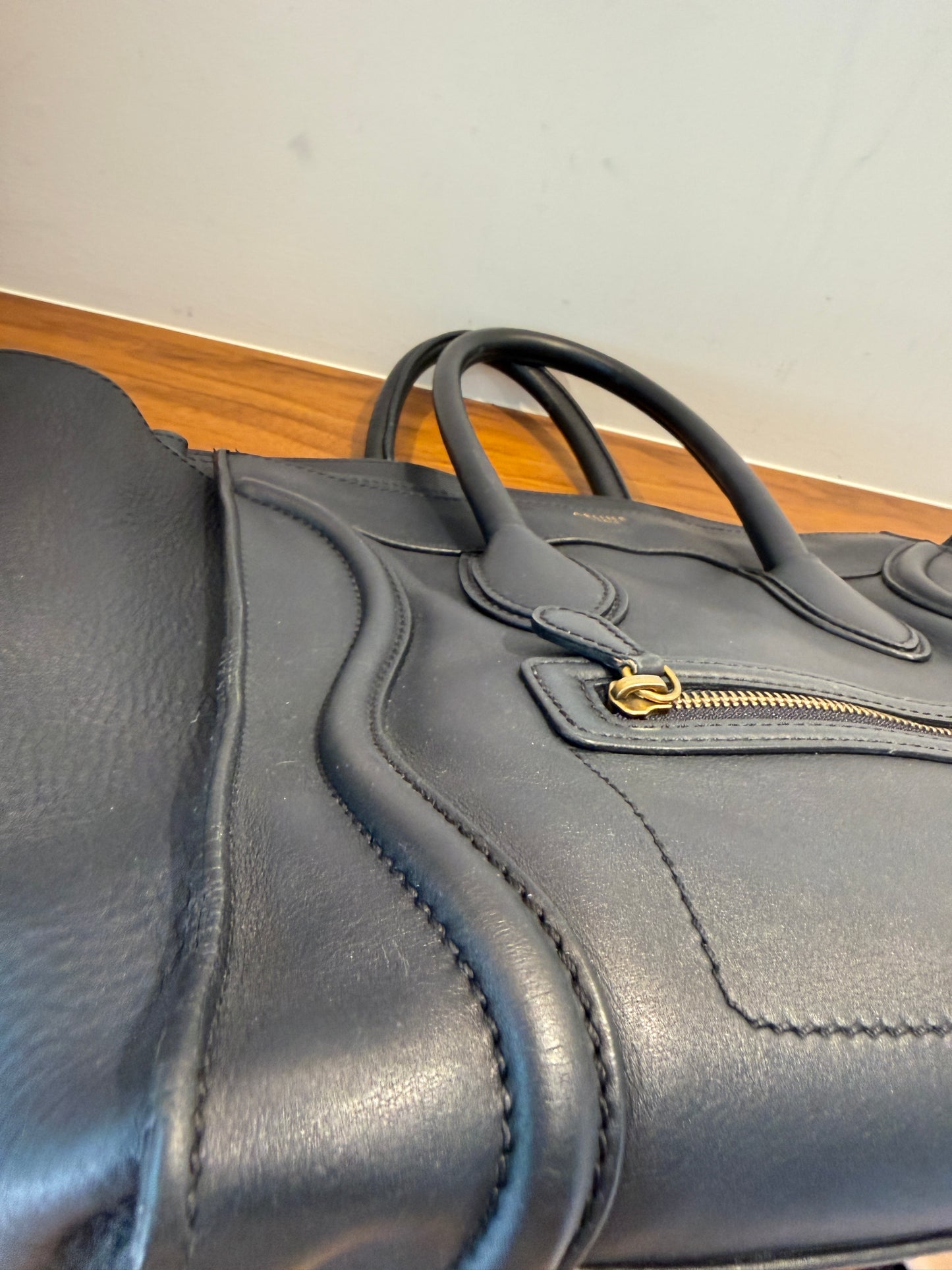 Celine Drummed Calfskin Mini Luggage Tote in Navy Blue Pre-Owned