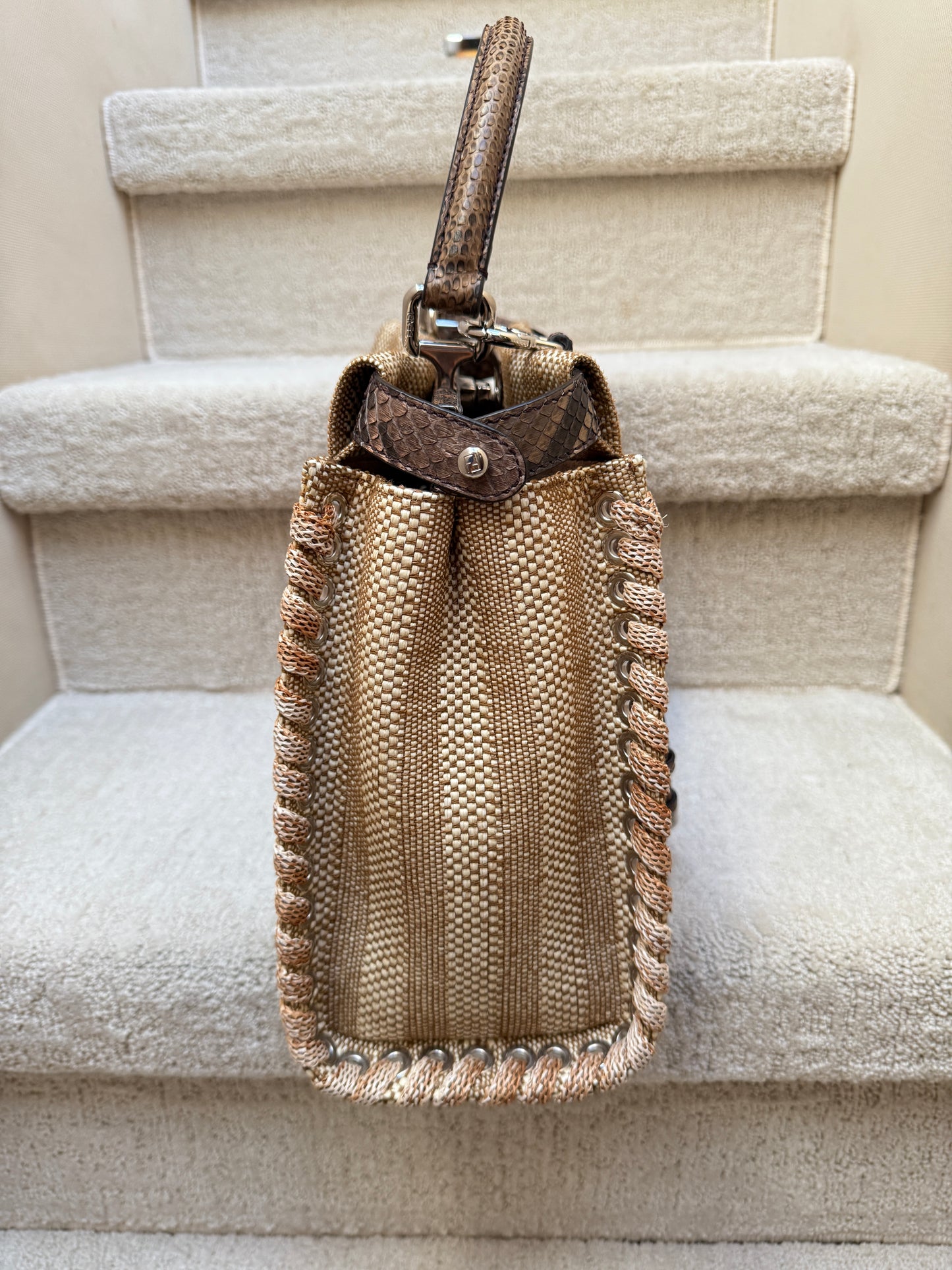 FENDI Peekaboo Laceup in snakeskin and raffia size medium tan colour