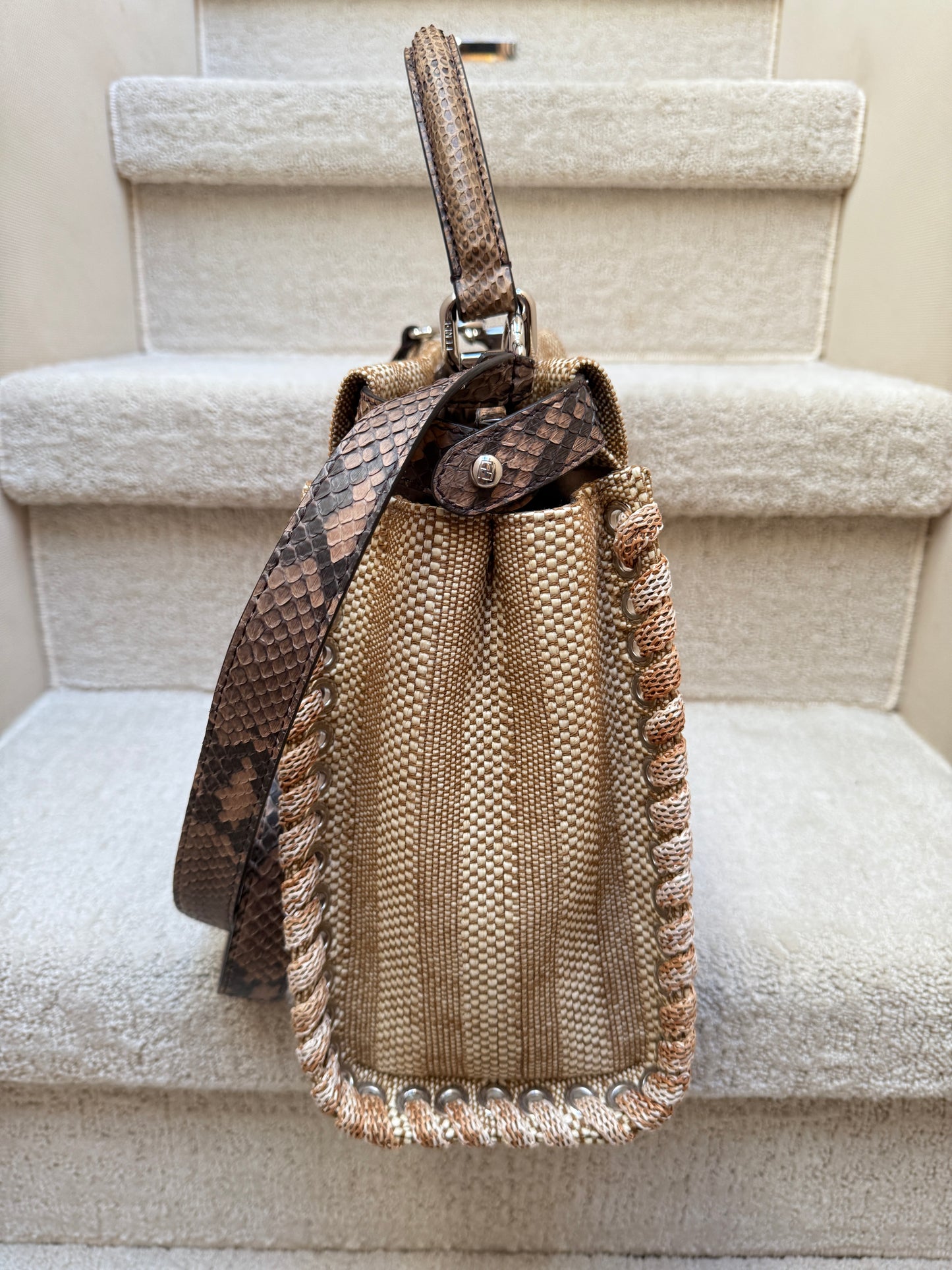 FENDI Peekaboo Laceup in snakeskin and raffia size medium tan colour