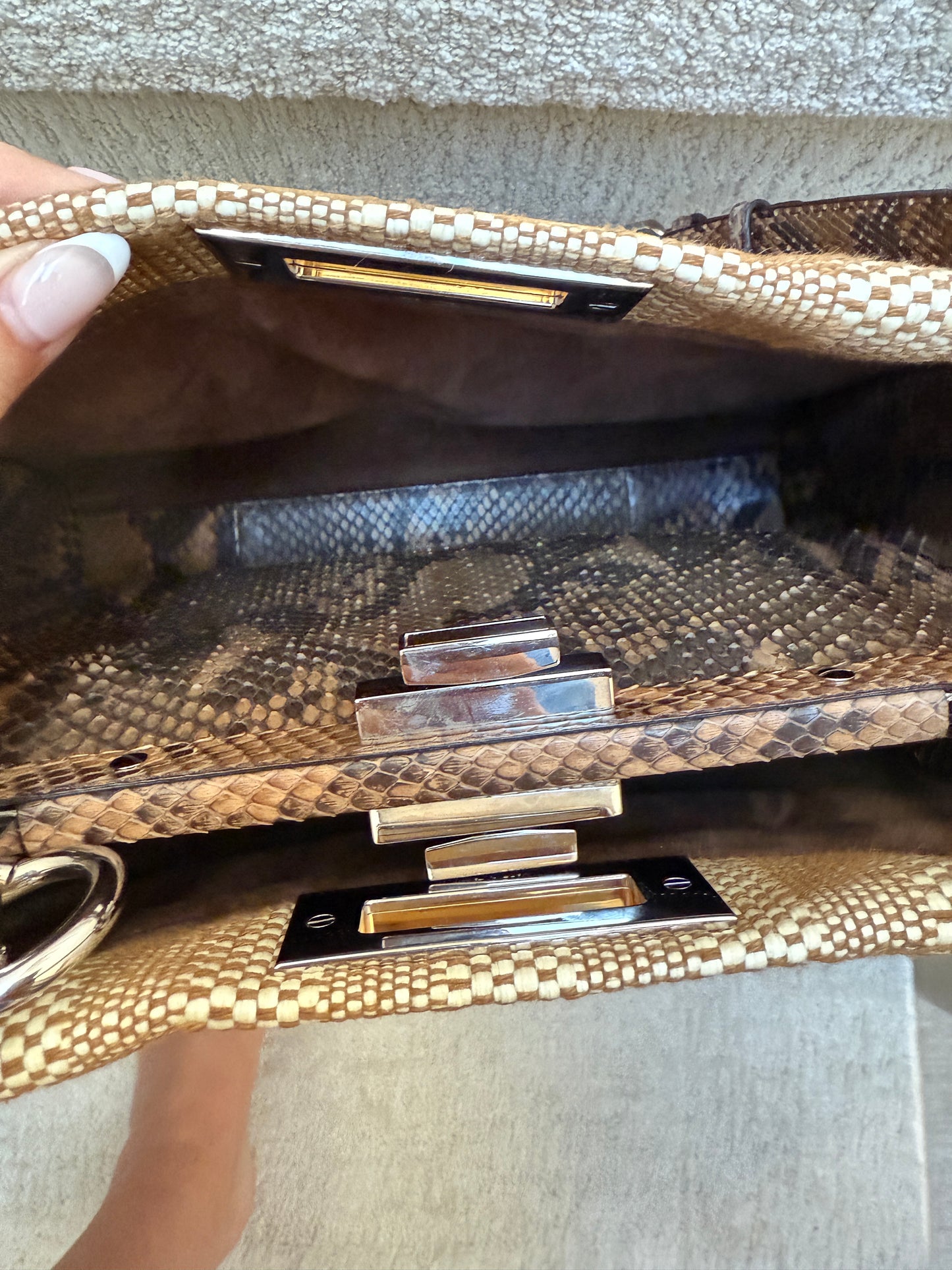 FENDI Peekaboo Laceup in snakeskin and raffia size medium tan colour