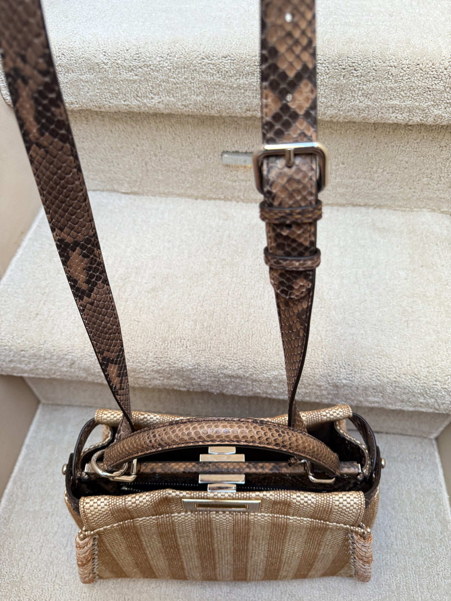 FENDI Peekaboo Laceup in snakeskin and raffia size medium tan colour