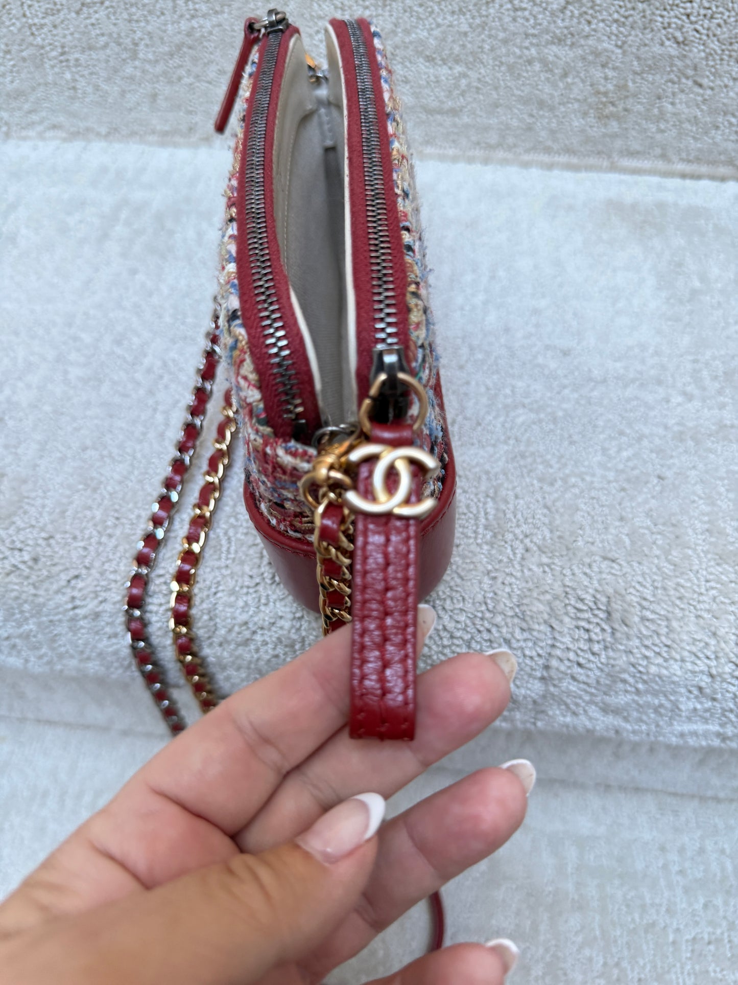 Chanel Calfskin Quilted Small Gabrielle Clutch With Chain Red