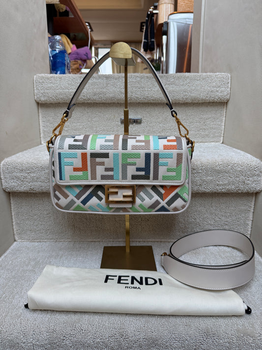Fendi Canvas Vitello Seta FF Embroidered Baguette in pastel