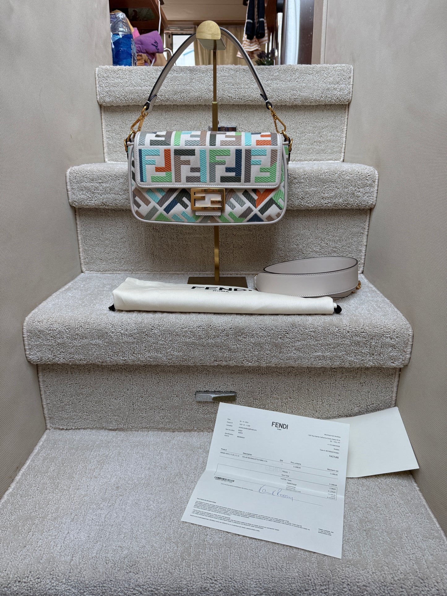 Fendi Canvas Vitello Seta FF Embroidered Baguette in pastel