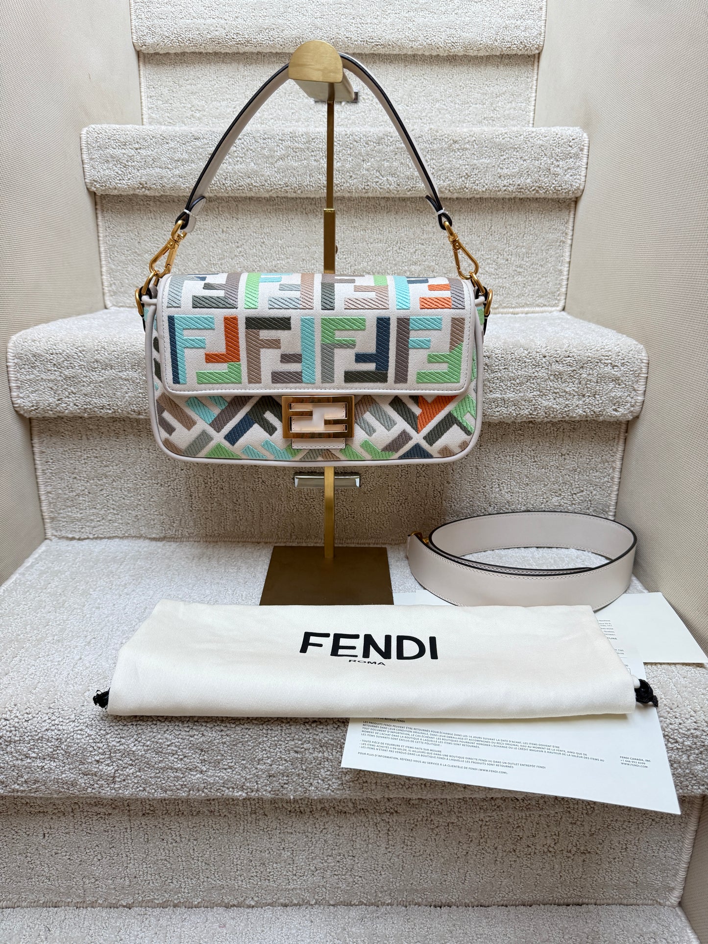 Fendi Canvas Vitello Seta FF Embroidered Baguette in pastel