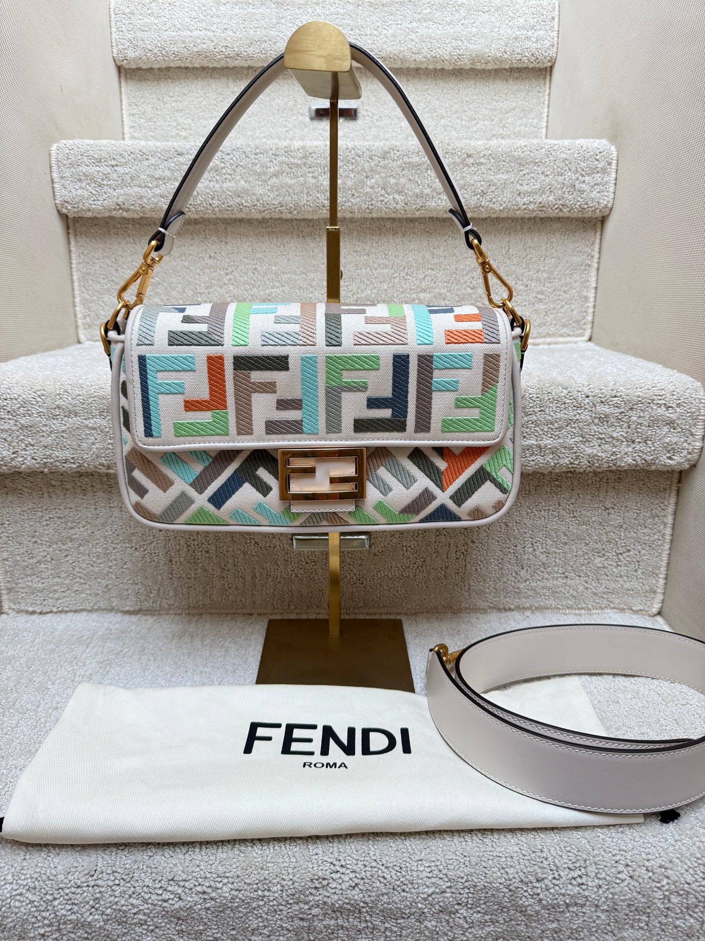 Fendi Canvas Vitello Seta FF Embroidered Baguette in pastel