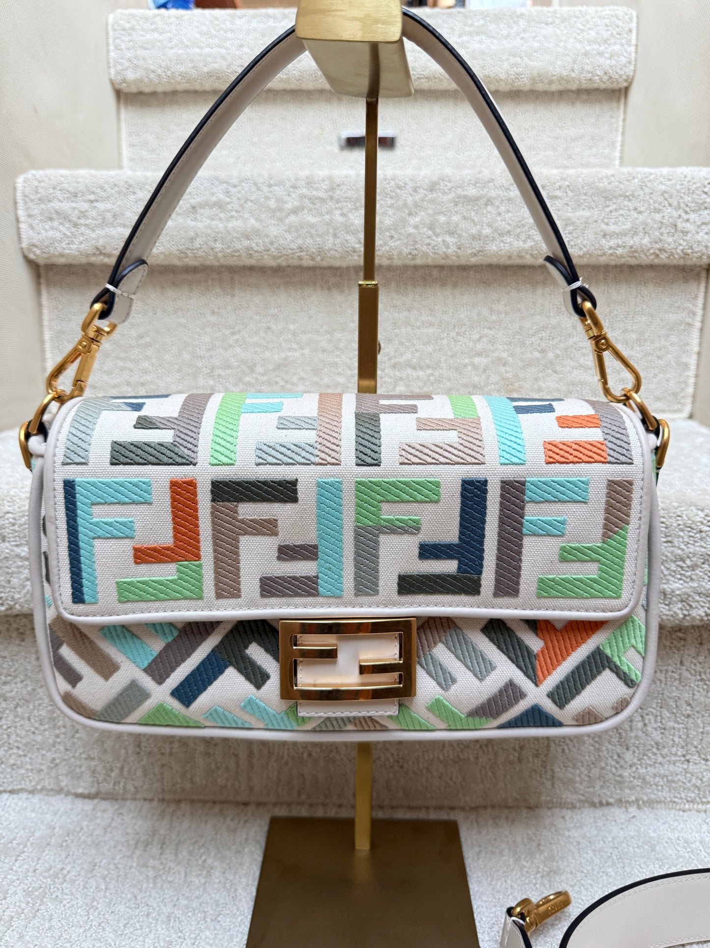 Fendi Canvas Vitello Seta FF Embroidered Baguette in pastel