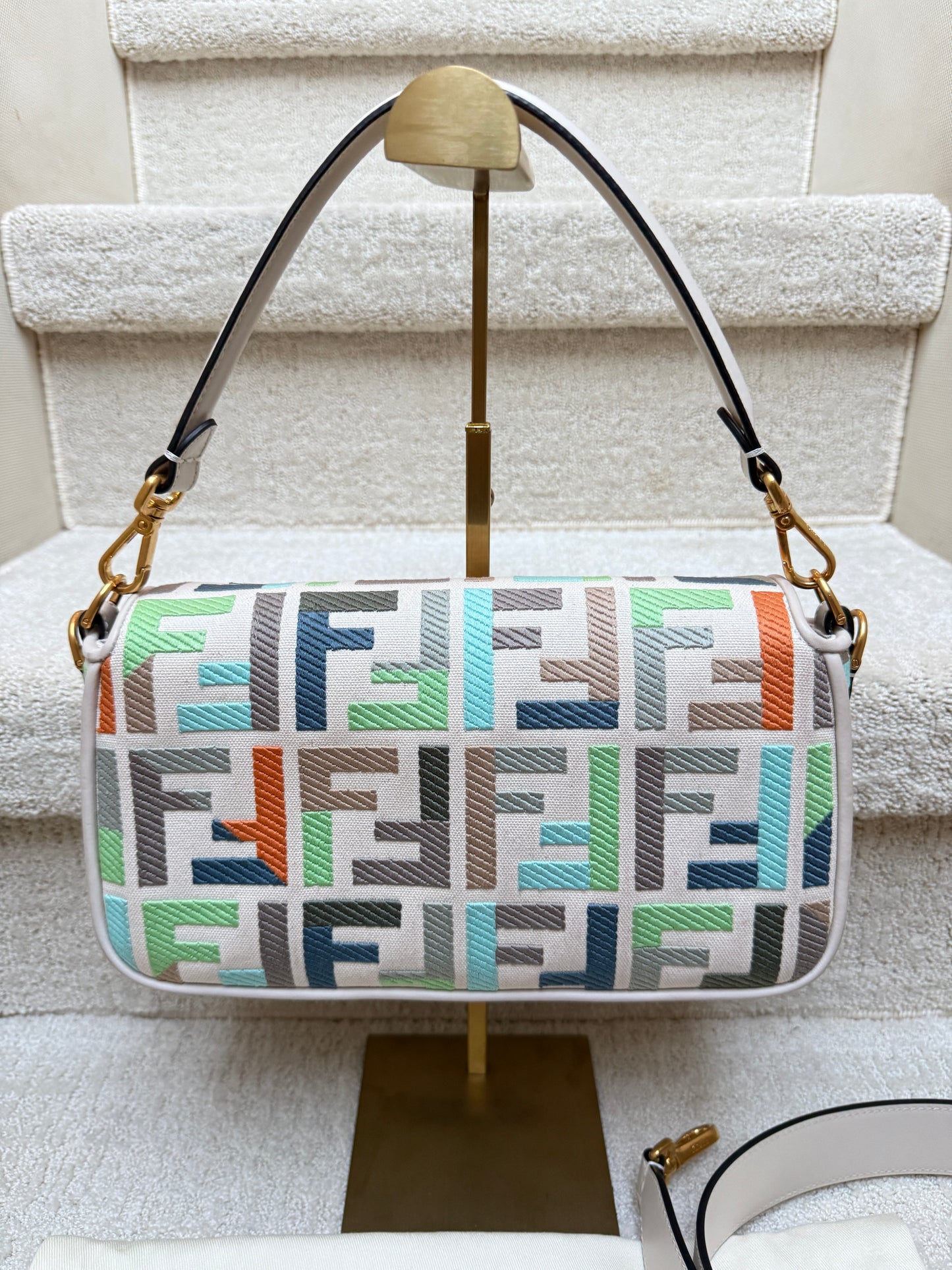 Fendi Canvas Vitello Seta FF Embroidered Baguette in pastel