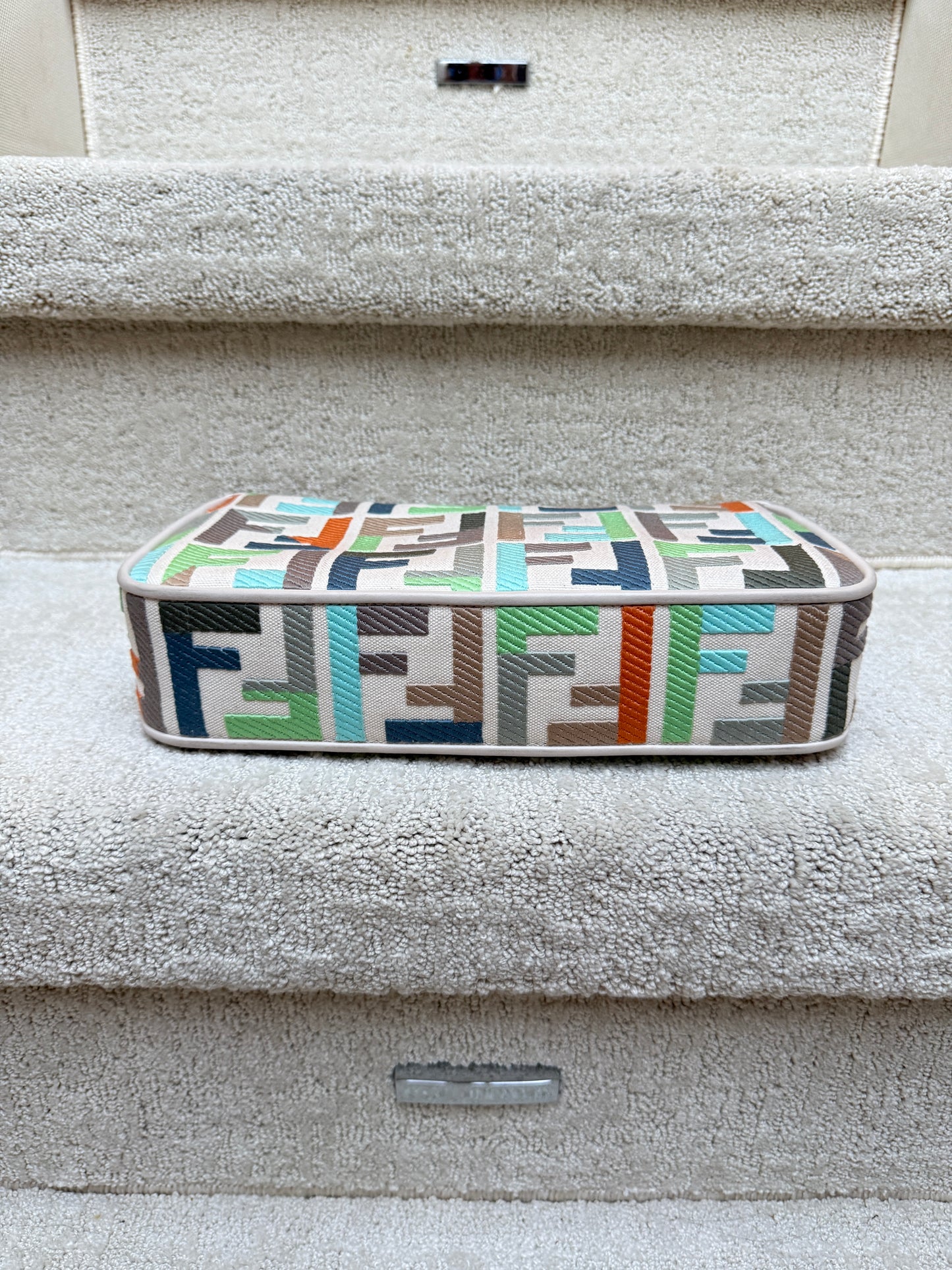 Fendi Canvas Vitello Seta FF Embroidered Baguette in pastel