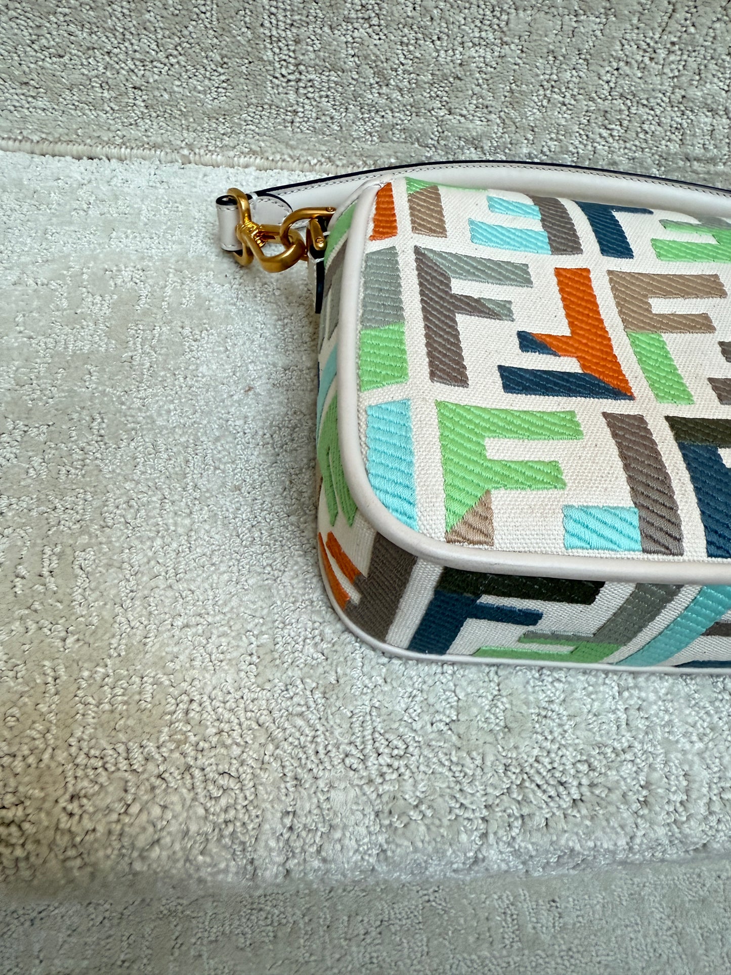 Fendi Canvas Vitello Seta FF Embroidered Baguette in pastel