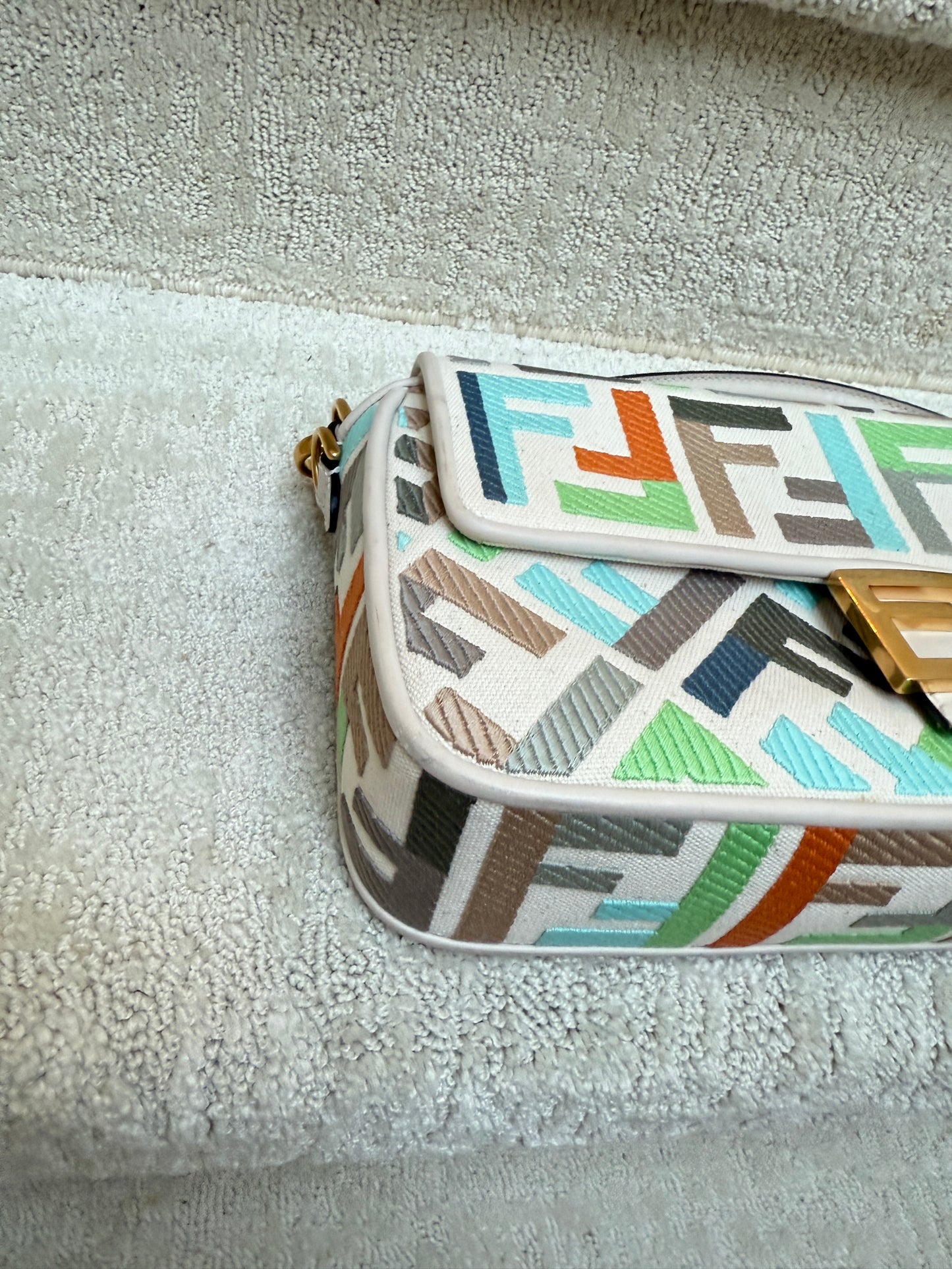 Fendi Canvas Vitello Seta FF Embroidered Baguette in pastel