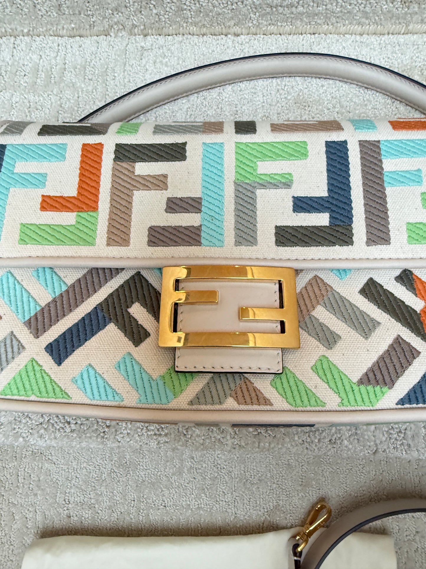 Fendi Canvas Vitello Seta FF Embroidered Baguette in pastel